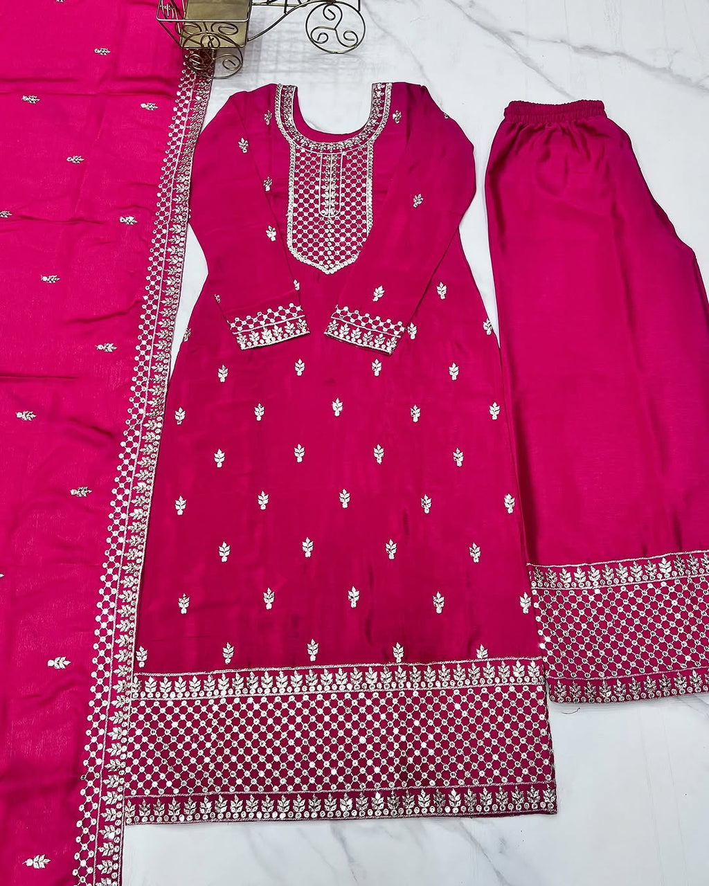 Kripali Pink Pure Chinon Silk Embroidered Kurti Set