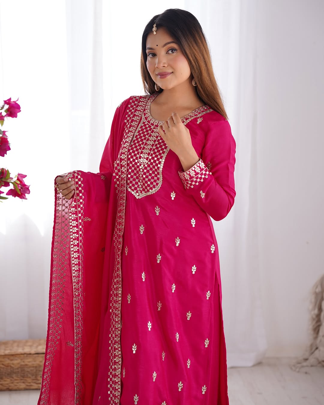  Kripali pink pure Chinon silk embroidered kurti set featuring intricate zari thread and sequin embroidery, paired with matching silk trousers and a designer dupatta – ideal for luxury wedding, festive, and formal occasions in 2025.