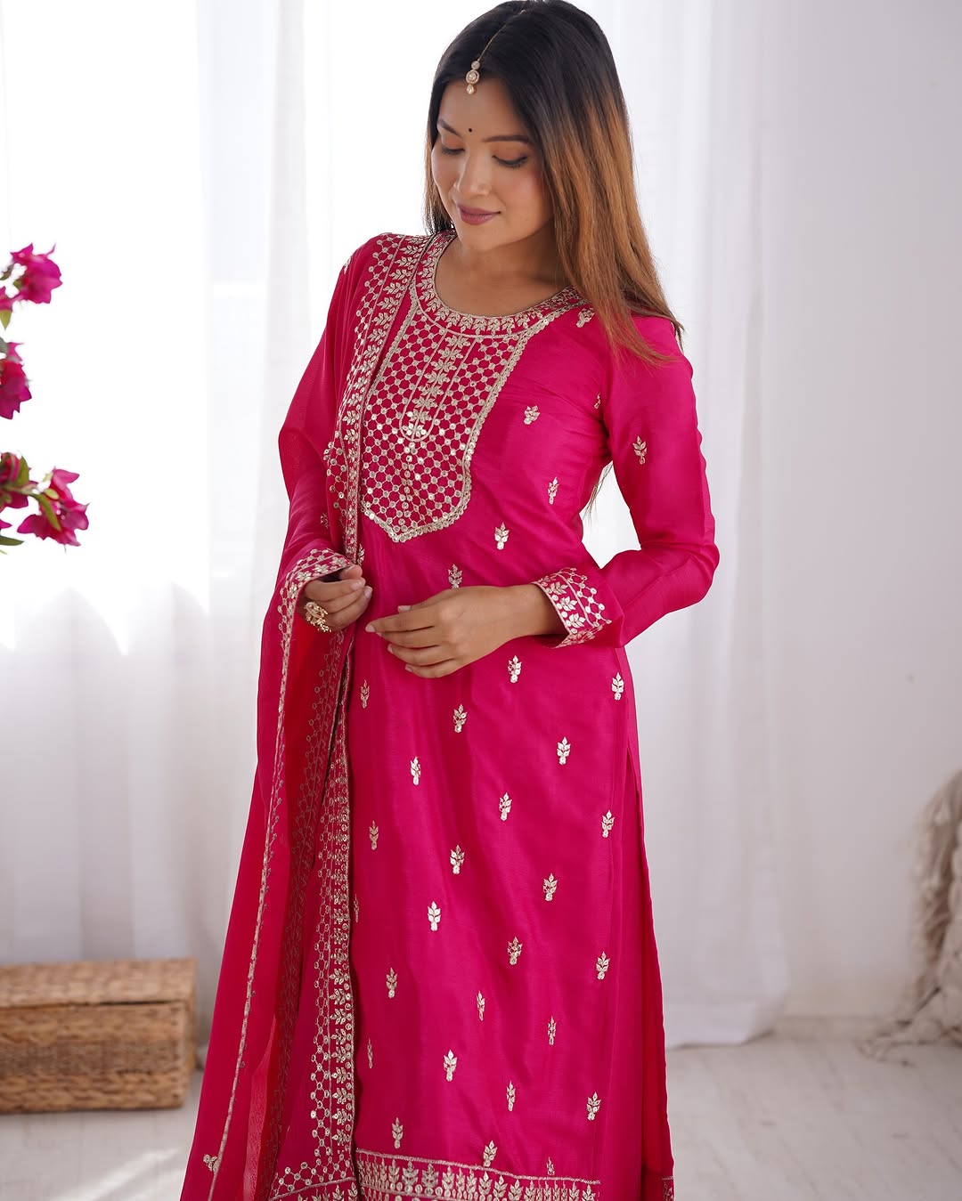  Kripali pink pure Chinon silk embroidered kurti set featuring intricate zari thread and sequin embroidery, paired with matching silk trousers and a designer dupatta – ideal for luxury wedding, festive, and formal occasions in 2025.