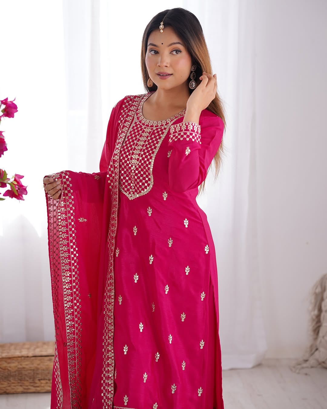  Kripali pink pure Chinon silk embroidered kurti set featuring intricate zari thread and sequin embroidery, paired with matching silk trousers and a designer dupatta – ideal for luxury wedding, festive, and formal occasions in 2025.