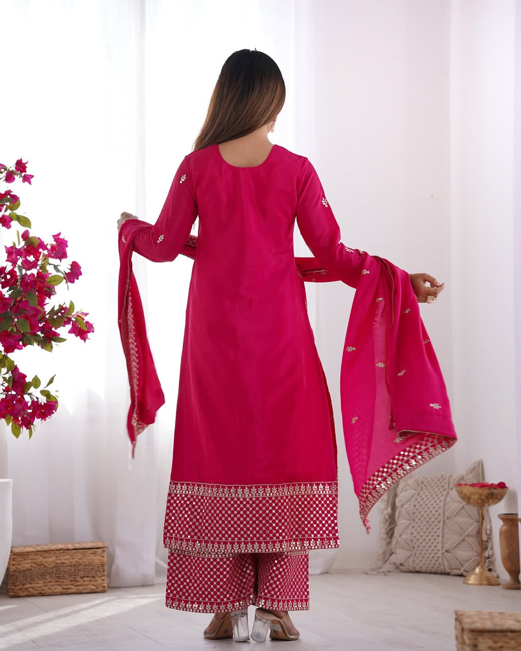  Kripali pink pure Chinon silk embroidered kurti set featuring intricate zari thread and sequin embroidery, paired with matching silk trousers and a designer dupatta – ideal for luxury wedding, festive, and formal occasions in 2025.