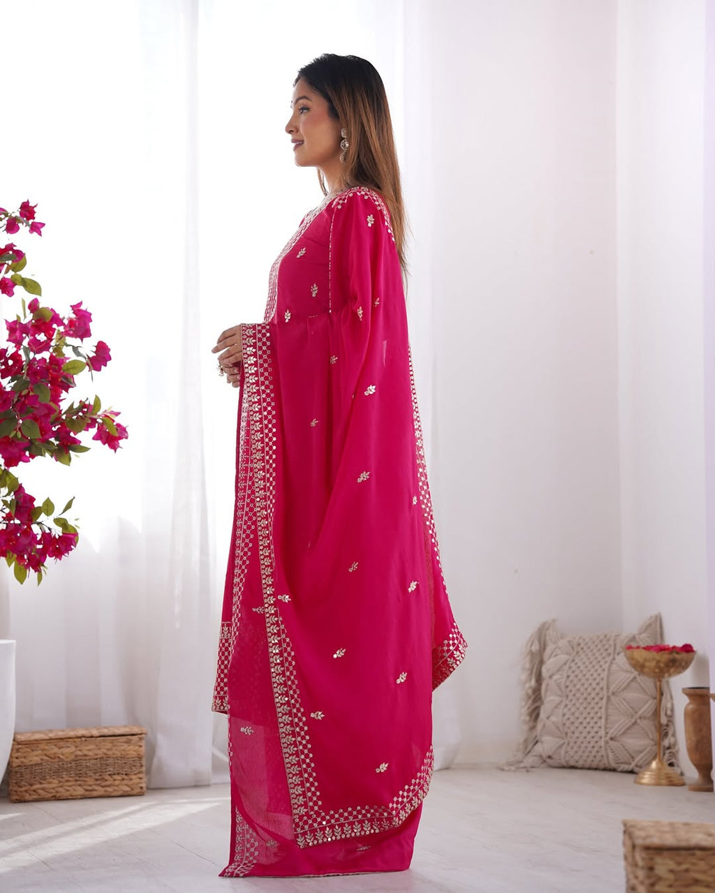  Kripali pink pure Chinon silk embroidered kurti set featuring intricate zari thread and sequin embroidery, paired with matching silk trousers and a designer dupatta – ideal for luxury wedding, festive, and formal occasions in 2025.