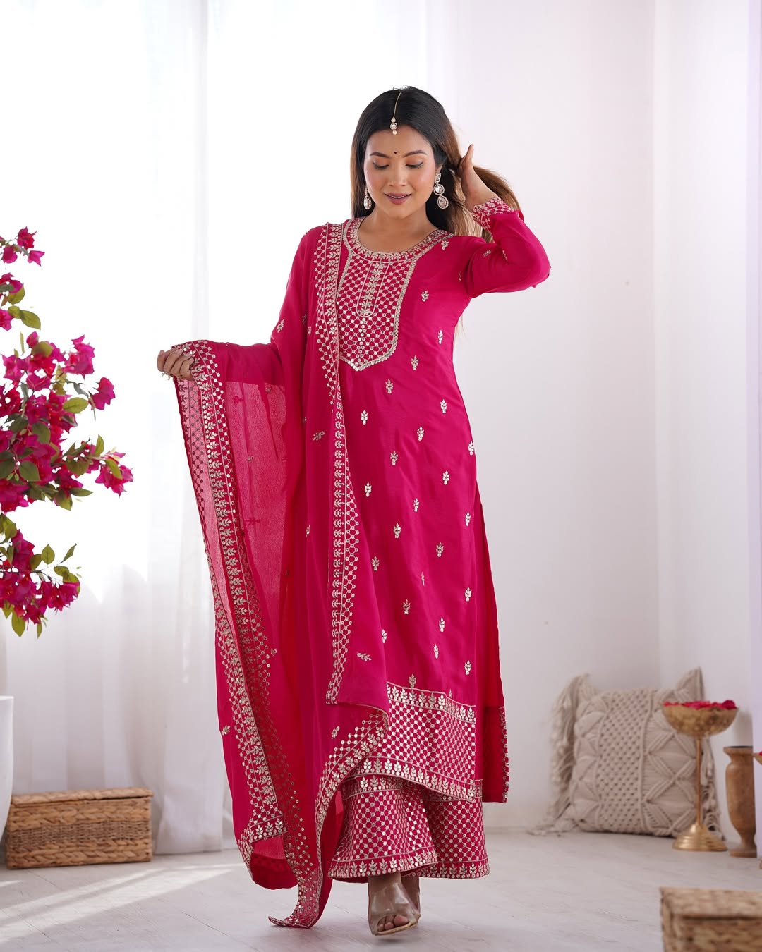  Kripali pink pure Chinon silk embroidered kurti set featuring intricate zari thread and sequin embroidery, paired with matching silk trousers and a designer dupatta – ideal for luxury wedding, festive, and formal occasions in 2025.