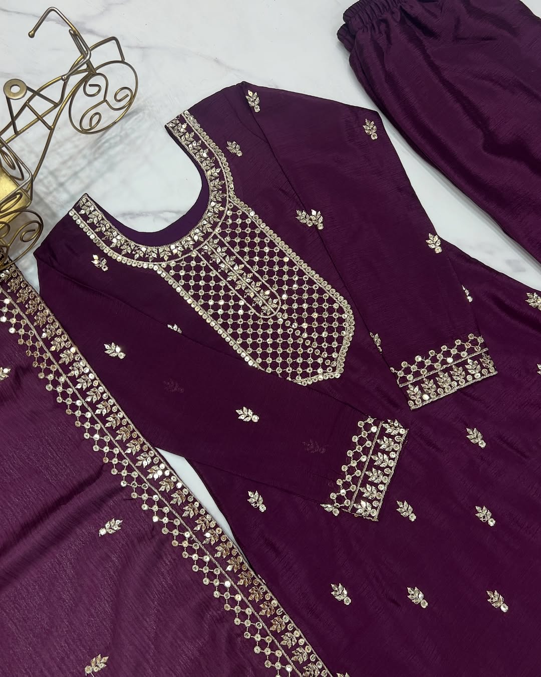 Kripali Purple Pure Chinon Silk Embroidered Kurti Set