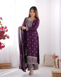  Kripali purple pure Chinon silk embroidered kurti set featuring intricate zari thread and sequin embroidery, paired with matching silk trousers and a designer dupatta – perfect for luxury wedding, festive, and formal occasions in 2025.