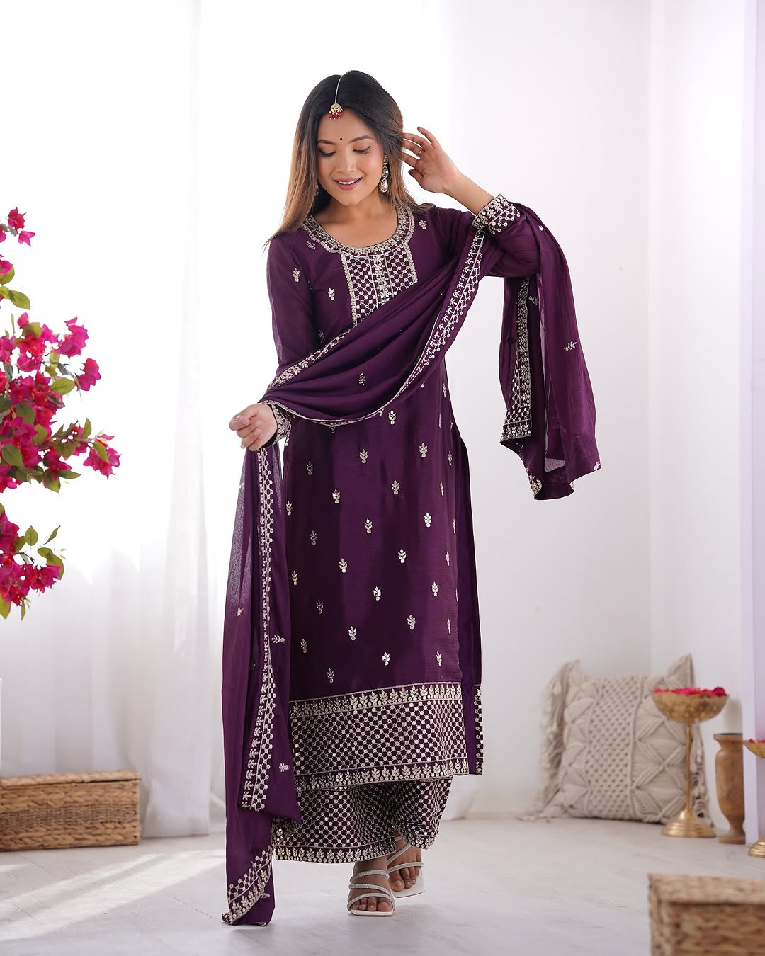 Kripali purple pure Chinon silk embroidered kurti set featuring intricate zari thread and sequin embroidery, paired with matching silk trousers and a designer dupatta – perfect for luxury wedding, festive, and formal occasions in 2025.