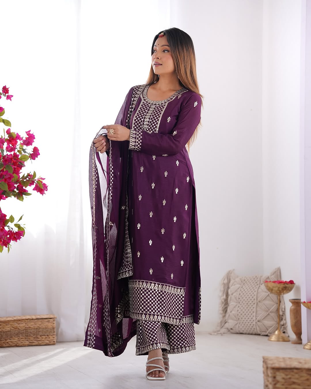  Kripali purple pure Chinon silk embroidered kurti set featuring intricate zari thread and sequin embroidery, paired with matching silk trousers and a designer dupatta – perfect for luxury wedding, festive, and formal occasions in 2025.