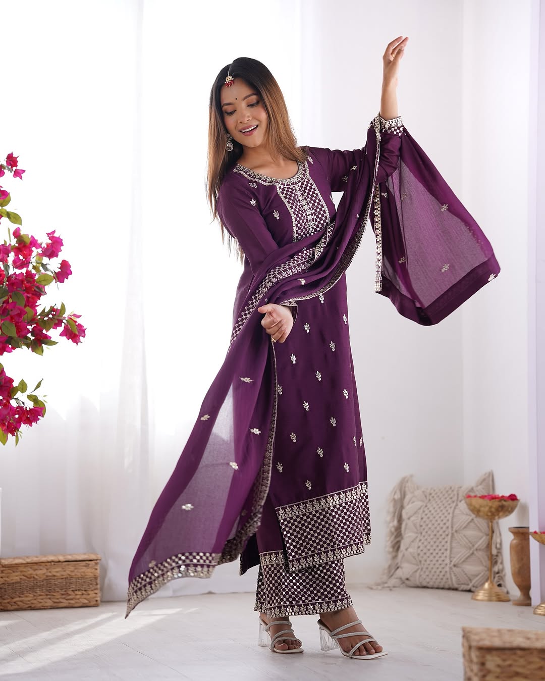  Kripali purple pure Chinon silk embroidered kurti set featuring intricate zari thread and sequin embroidery, paired with matching silk trousers and a designer dupatta – perfect for luxury wedding, festive, and formal occasions in 2025.