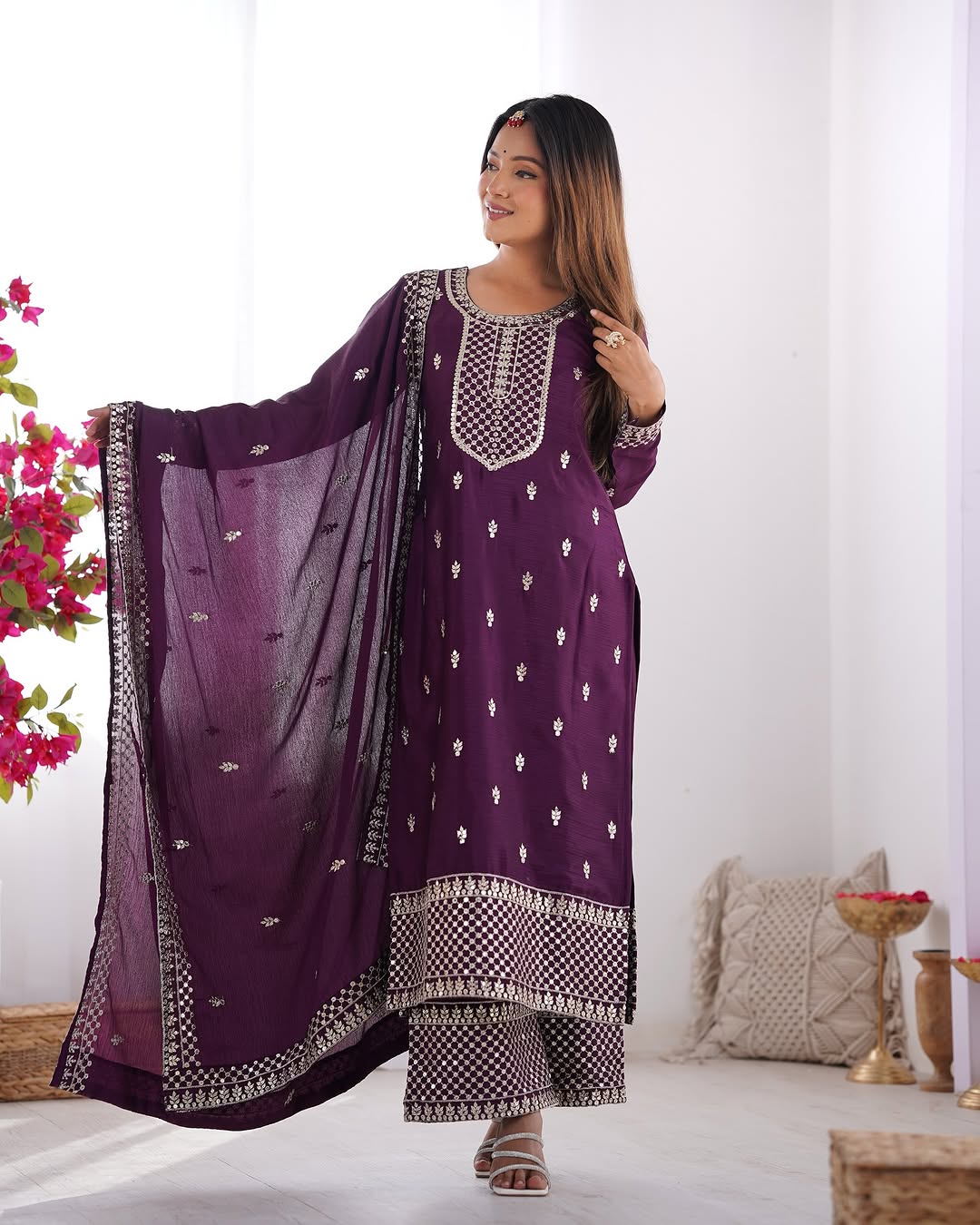  Kripali purple pure Chinon silk embroidered kurti set featuring intricate zari thread and sequin embroidery, paired with matching silk trousers and a designer dupatta – perfect for luxury wedding, festive, and formal occasions in 2025.