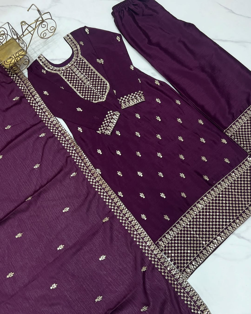 Kripali Purple Pure Chinon Silk Embroidered Kurti Set
