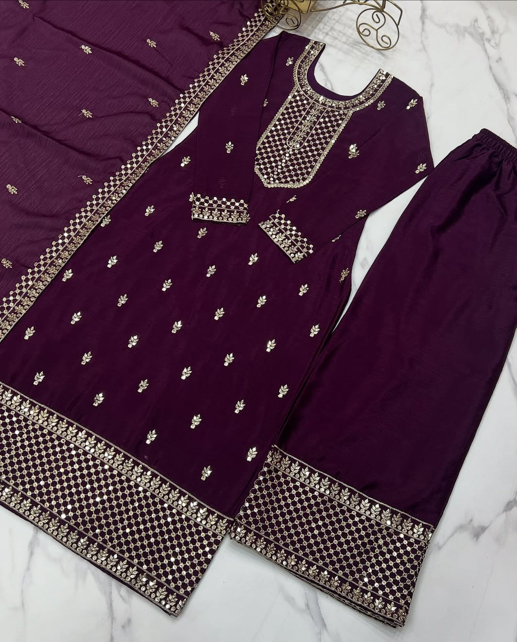 Kripali Purple Pure Chinon Silk Embroidered Kurti Set