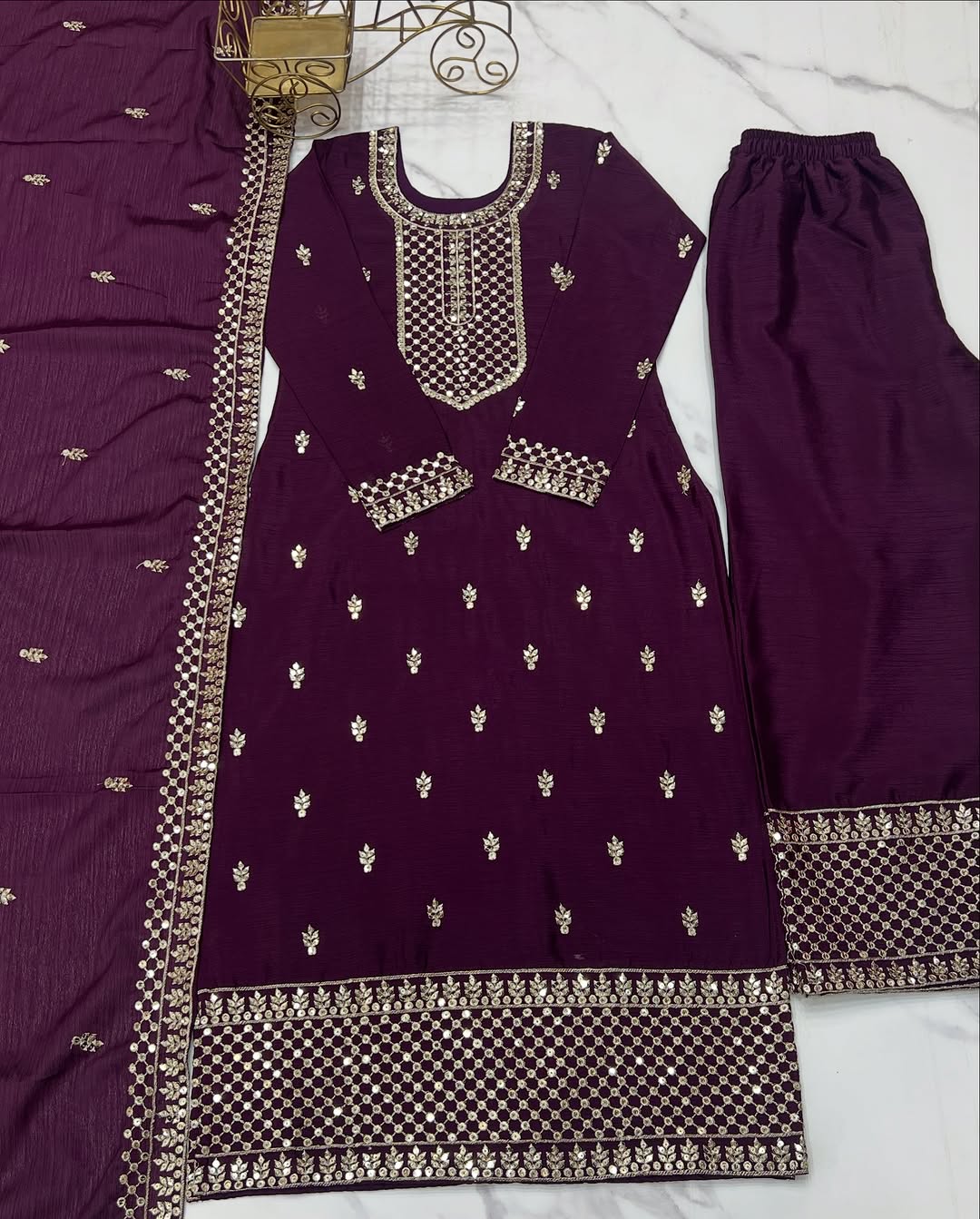 Kripali Purple Pure Chinon Silk Embroidered Kurti Set