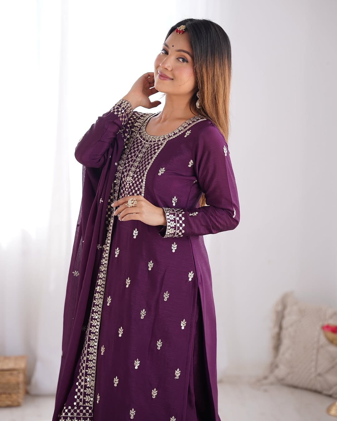  Kripali purple pure Chinon silk embroidered kurti set featuring intricate zari thread and sequin embroidery, paired with matching silk trousers and a designer dupatta – perfect for luxury wedding, festive, and formal occasions in 2025.