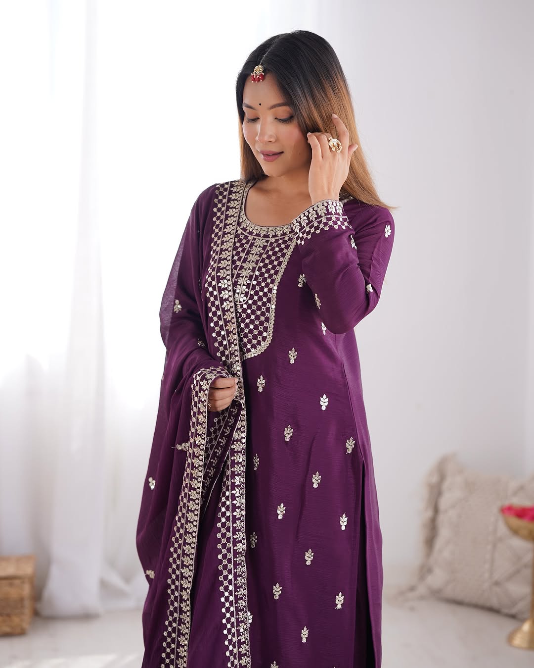  Kripali purple pure Chinon silk embroidered kurti set featuring intricate zari thread and sequin embroidery, paired with matching silk trousers and a designer dupatta – perfect for luxury wedding, festive, and formal occasions in 2025.