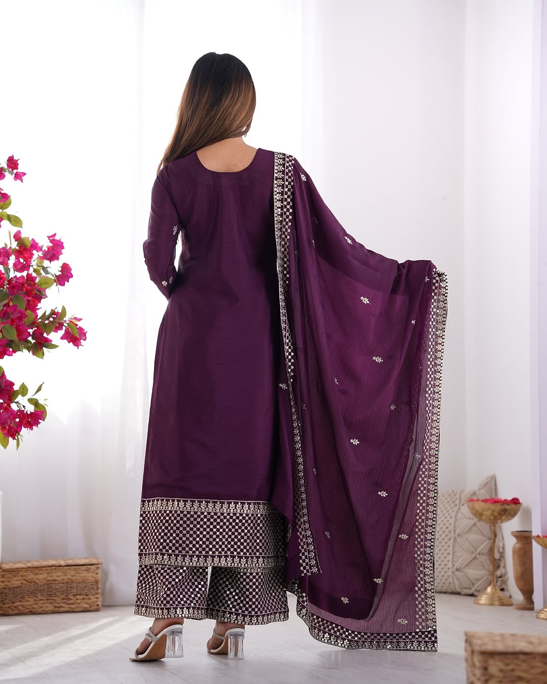 Kripali Purple Pure Chinon Silk Embroidered Kurti Set