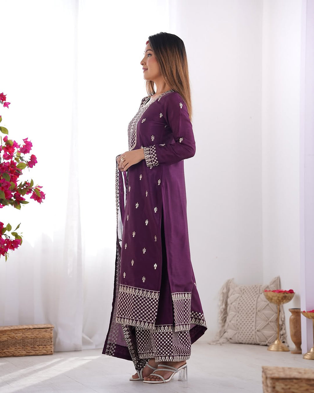  Kripali purple pure Chinon silk embroidered kurti set featuring intricate zari thread and sequin embroidery, paired with matching silk trousers and a designer dupatta – perfect for luxury wedding, festive, and formal occasions in 2025.