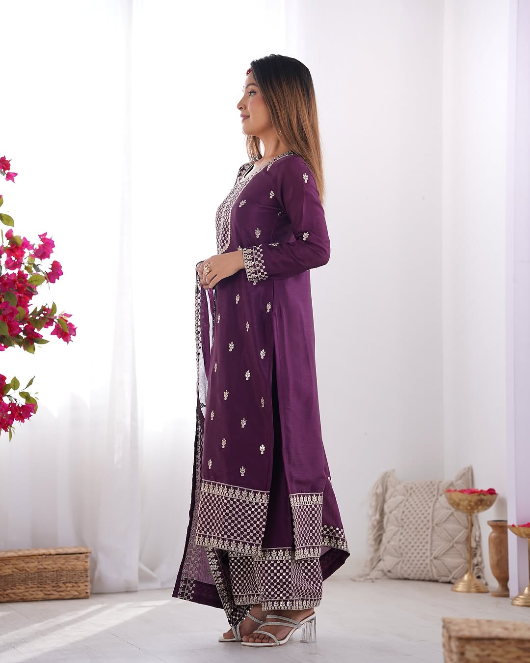  Kripali purple pure Chinon silk embroidered kurti set featuring intricate zari thread and sequin embroidery, paired with matching silk trousers and a designer dupatta – perfect for luxury wedding, festive, and formal occasions in 2025.