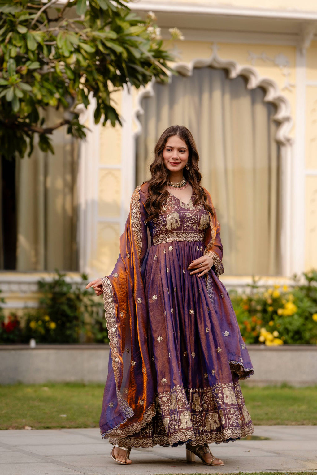 Krishnaveni royal purple fendy satin embroidered gown with dupatta