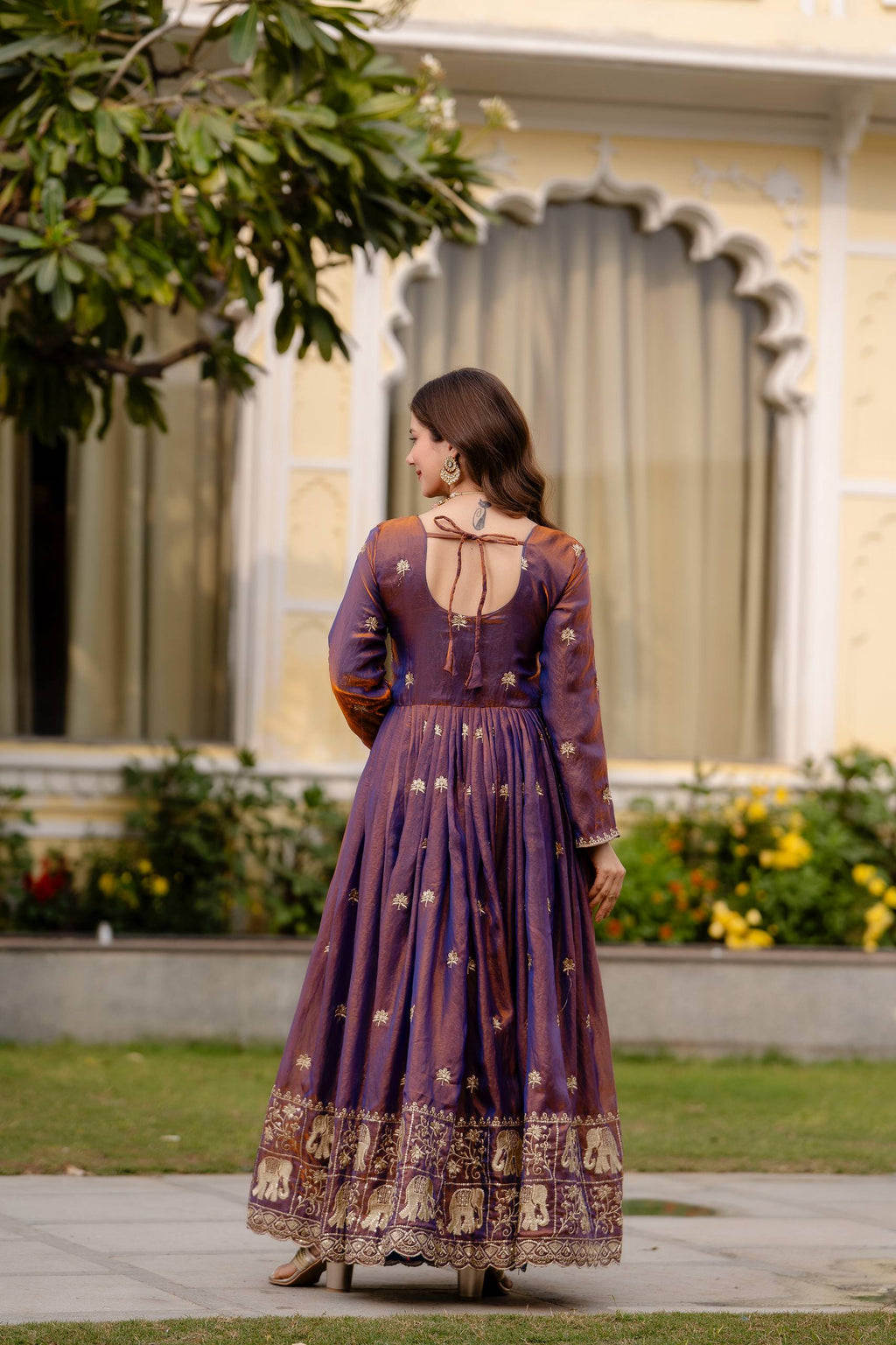 Krishnaveni royal purple fendy satin embroidered gown with dupatta