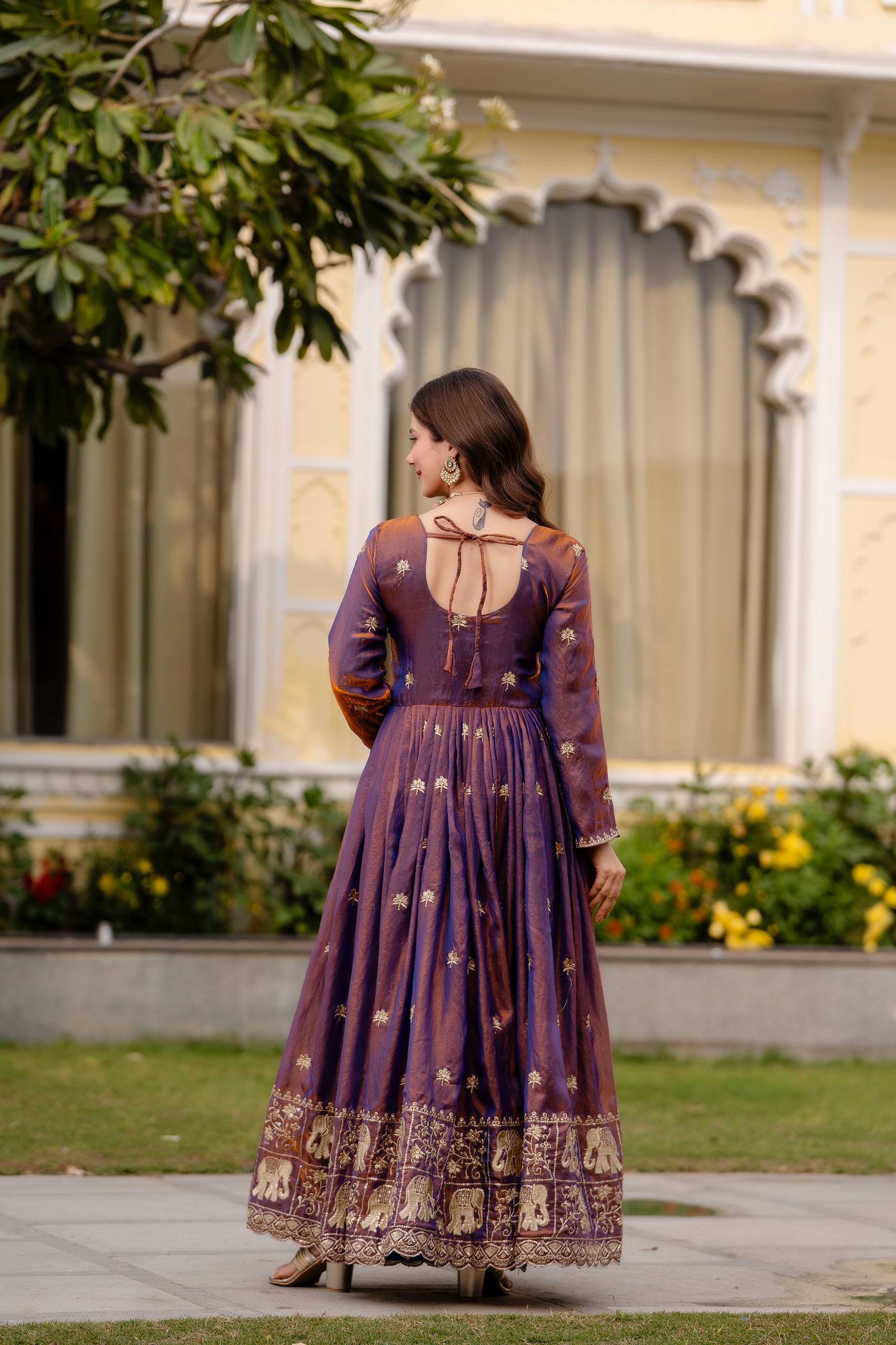 Krishnaveni royal purple fendy satin embroidered gown with dupatta