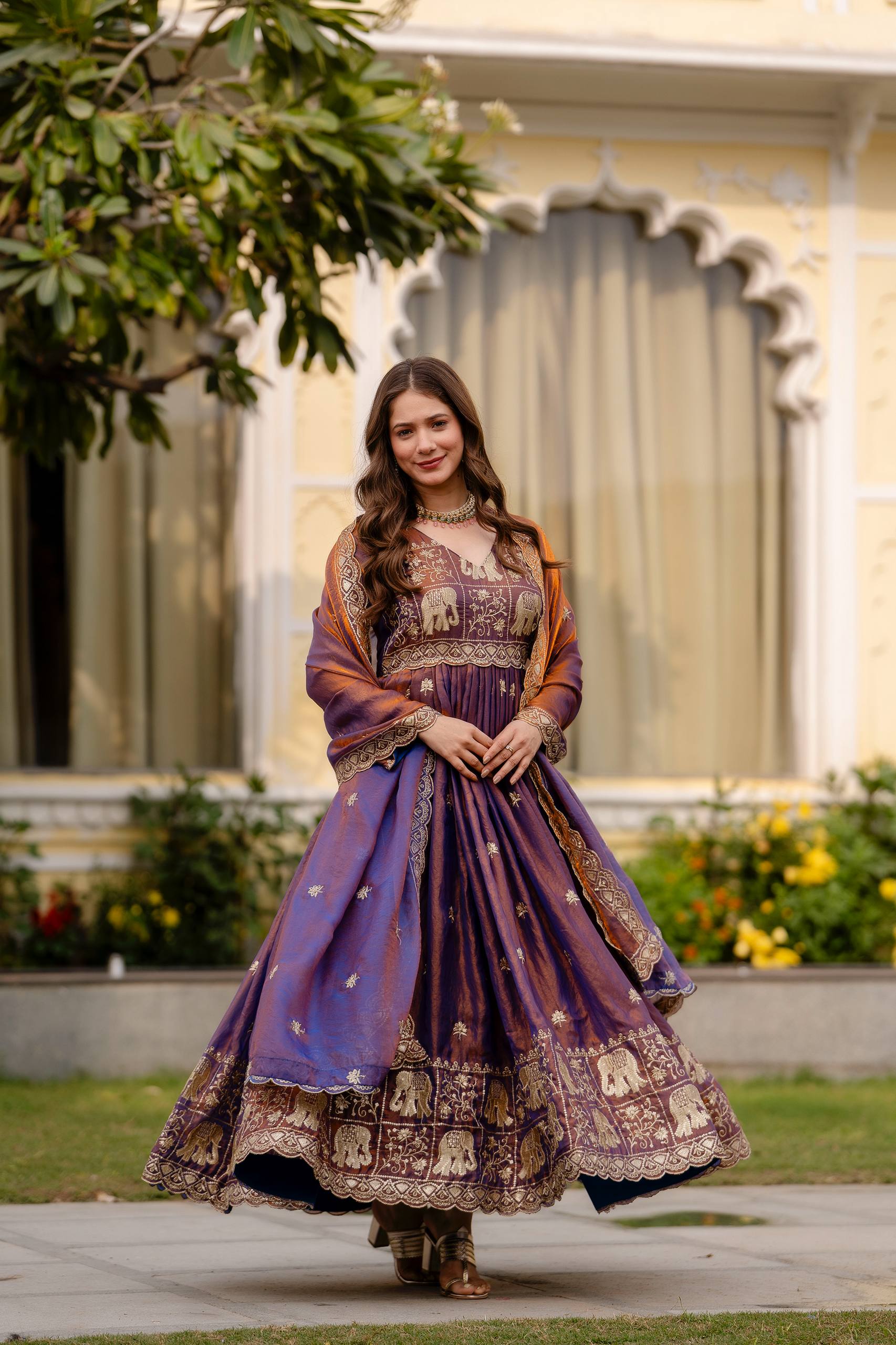 Krishnaveni royal purple fendy satin embroidered gown with dupatta