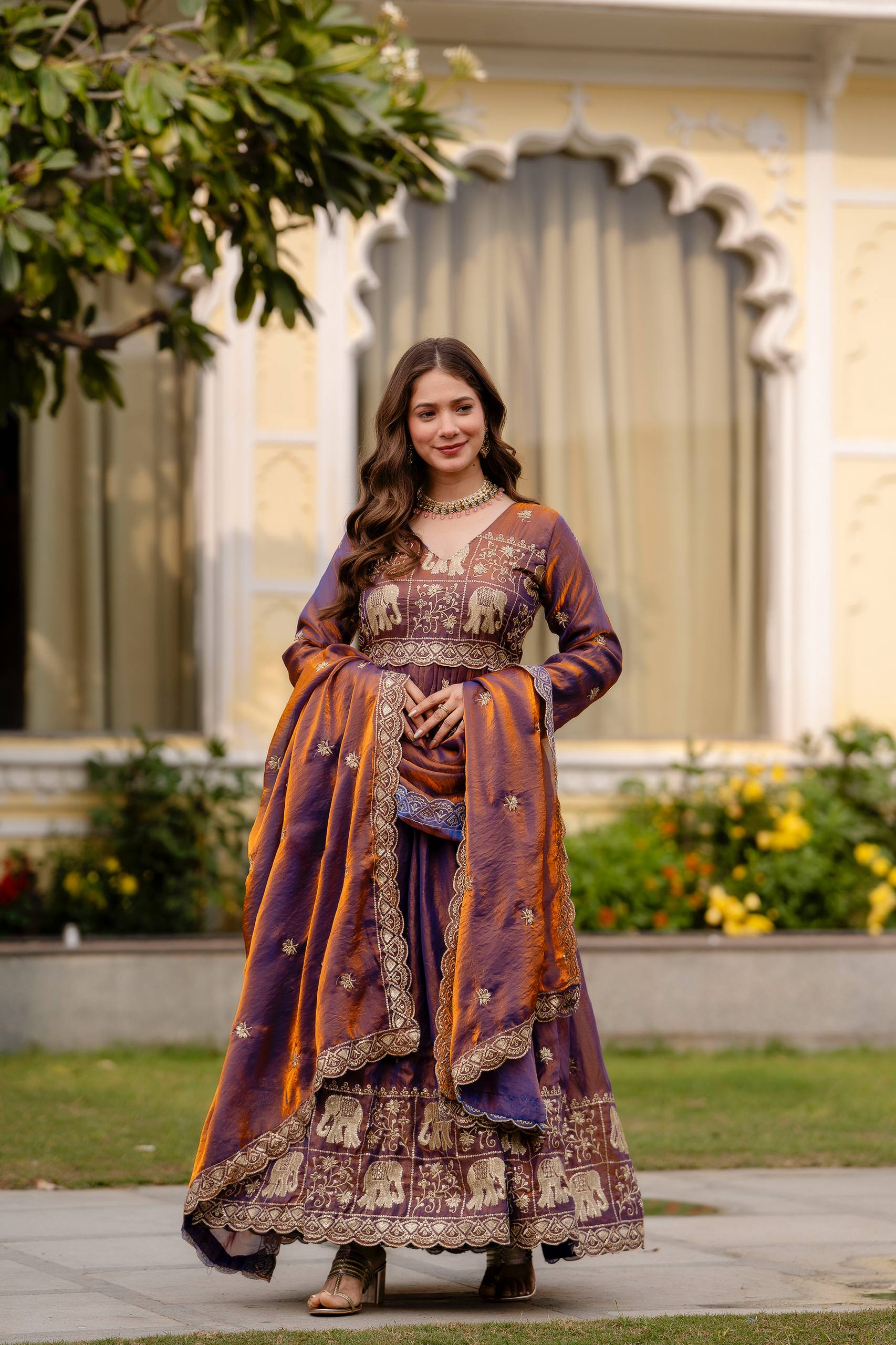 Krishnaveni royal purple fendy satin embroidered gown with dupatta