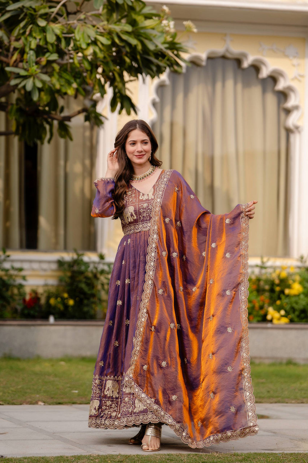 Krishnaveni royal purple fendy satin embroidered gown with dupatta