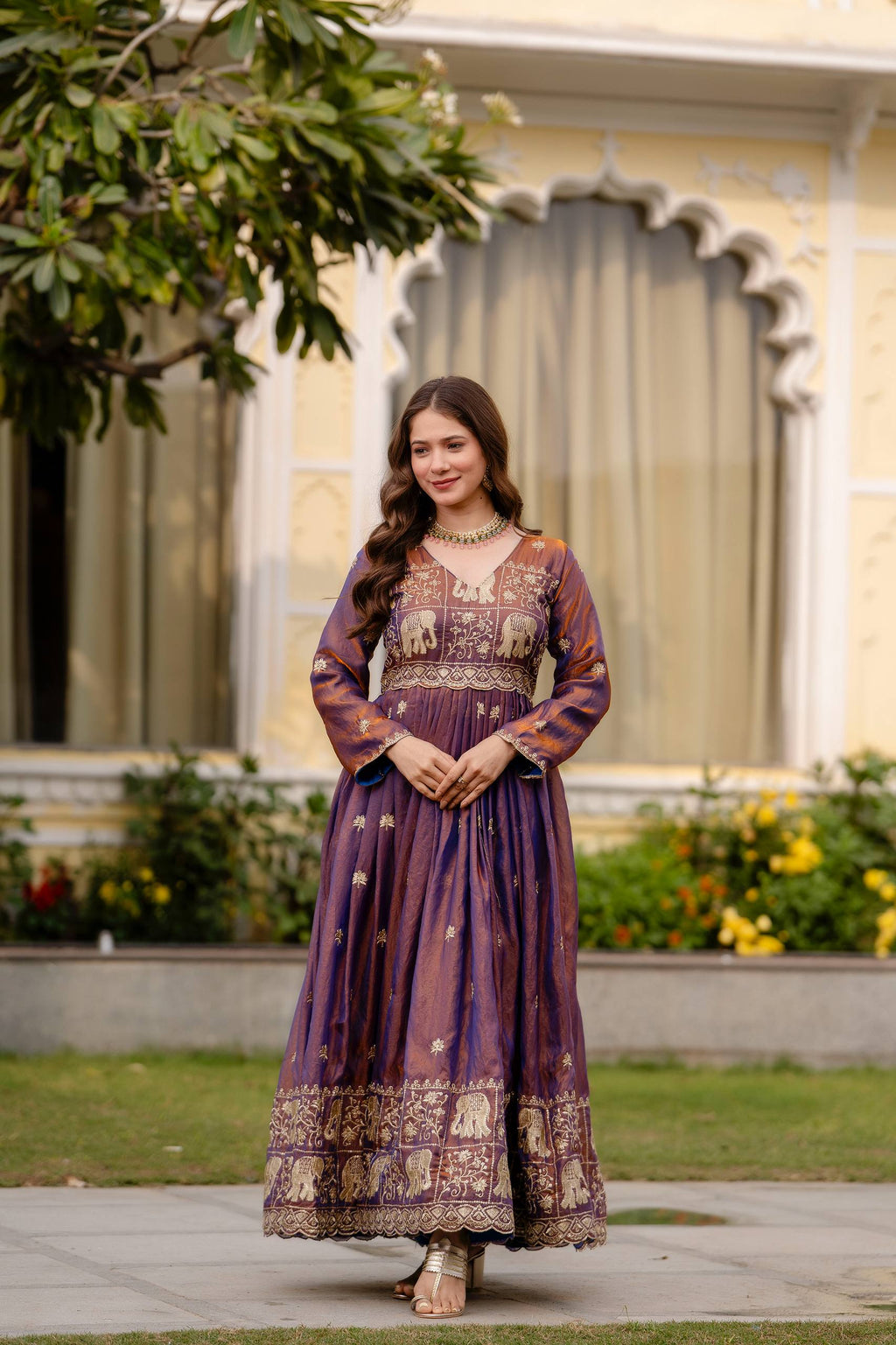 Krishnaveni royal purple fendy satin embroidered gown with dupatta