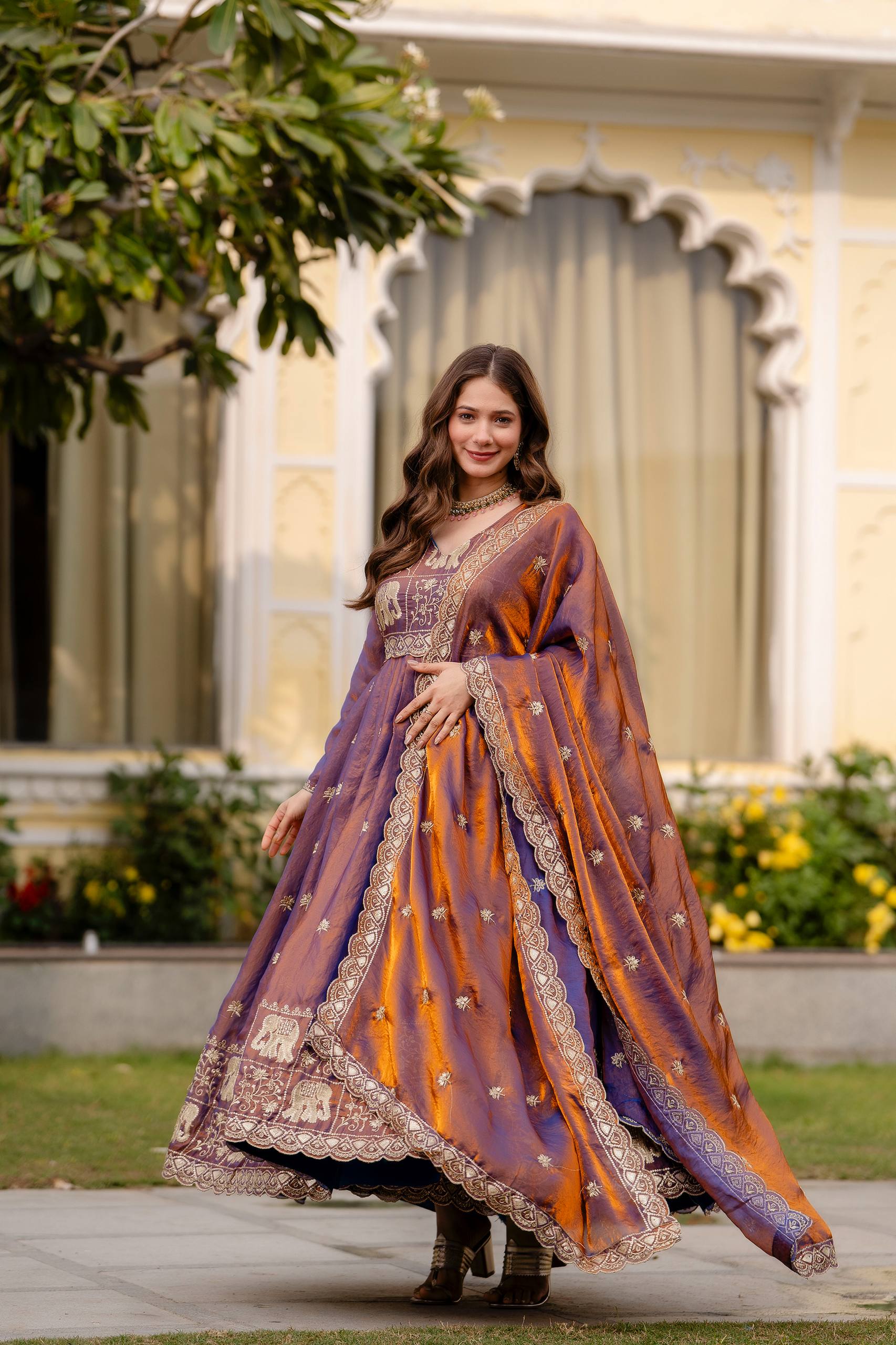 Krishnaveni royal purple fendy satin embroidered gown with dupatta