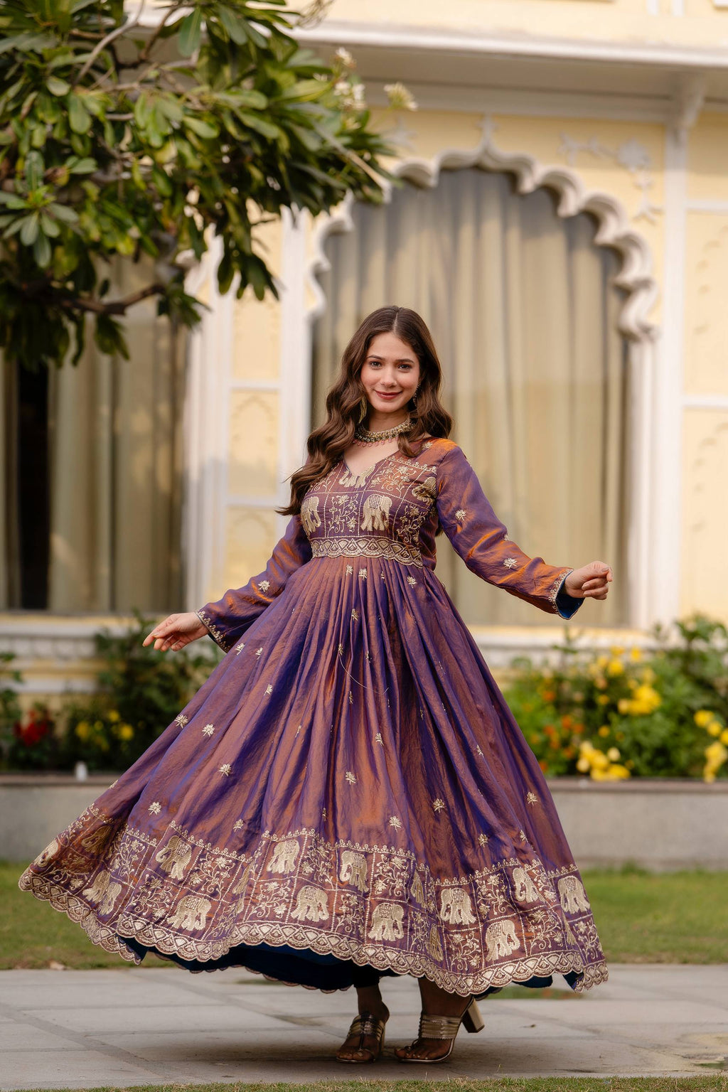 Krishnaveni royal purple fendy satin embroidered gown with dupatta