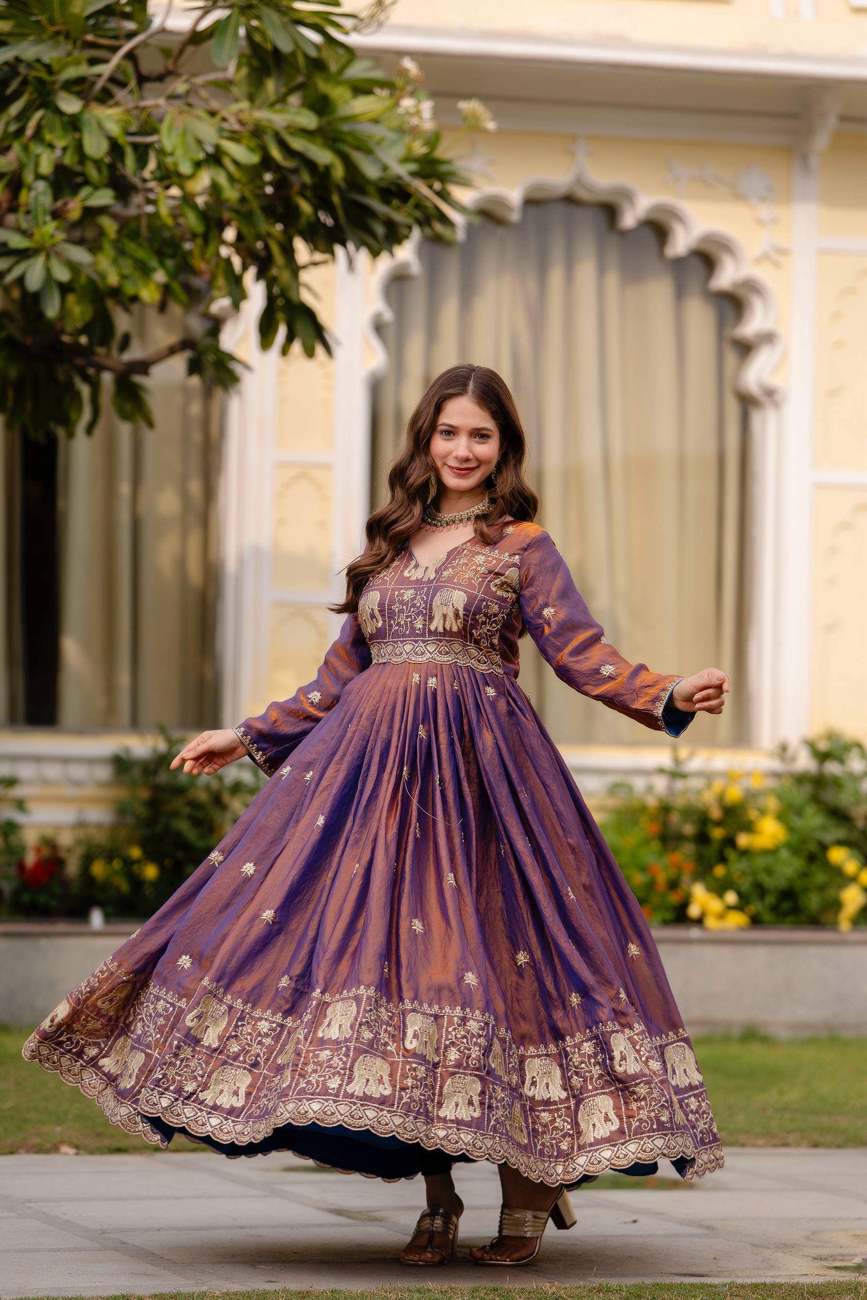 Krishnaveni royal purple fendy satin embroidered gown with dupatta