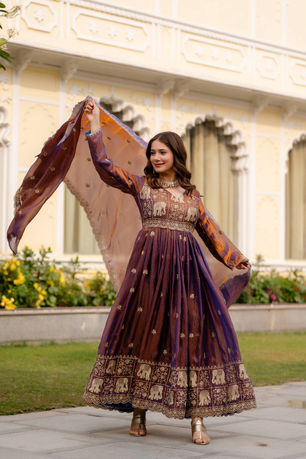Krishnaveni royal purple fendy satin embroidered gown with dupatta