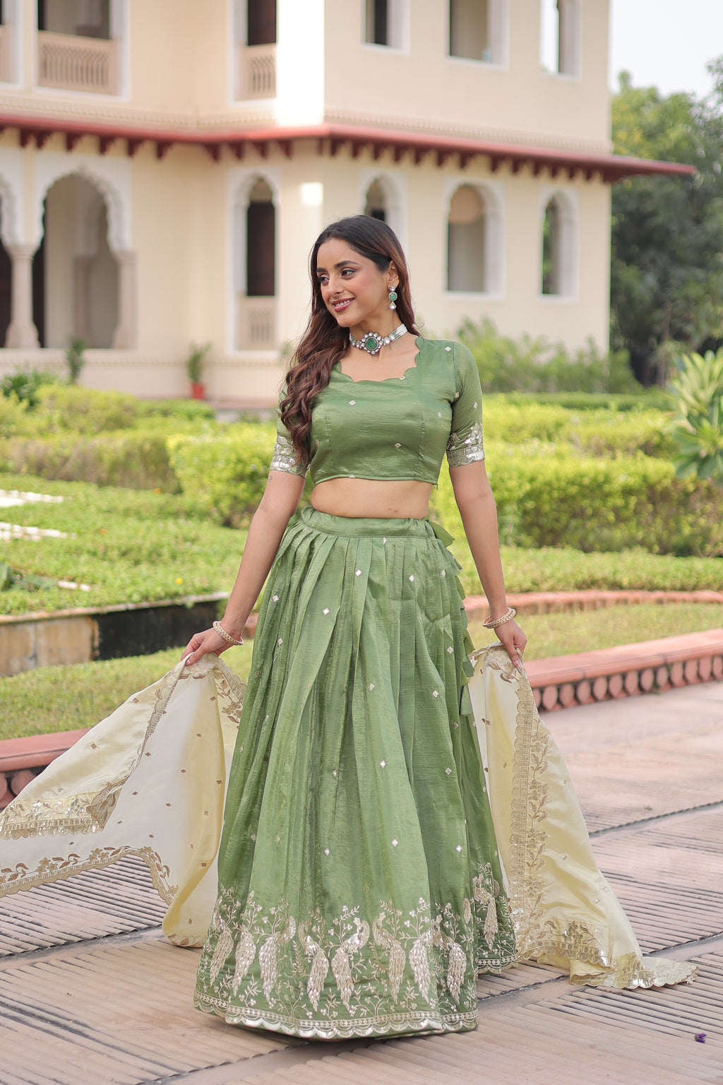 Nirika Green Color Gold Crush Sequins Zari Embroidered Work Lehenga Choli