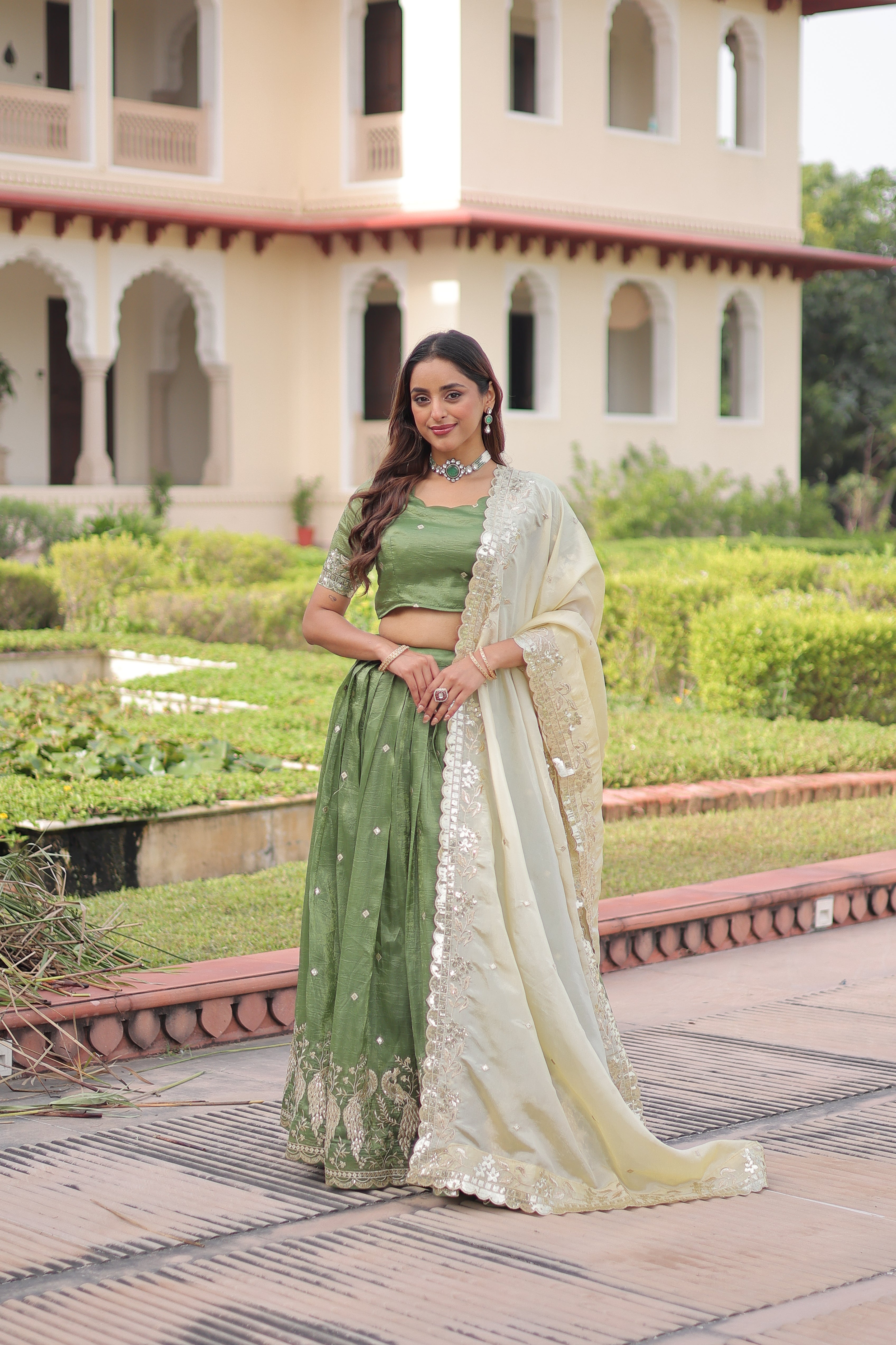 Nirika Green Color Gold Crush Sequins Zari Embroidered Work Lehenga Choli
