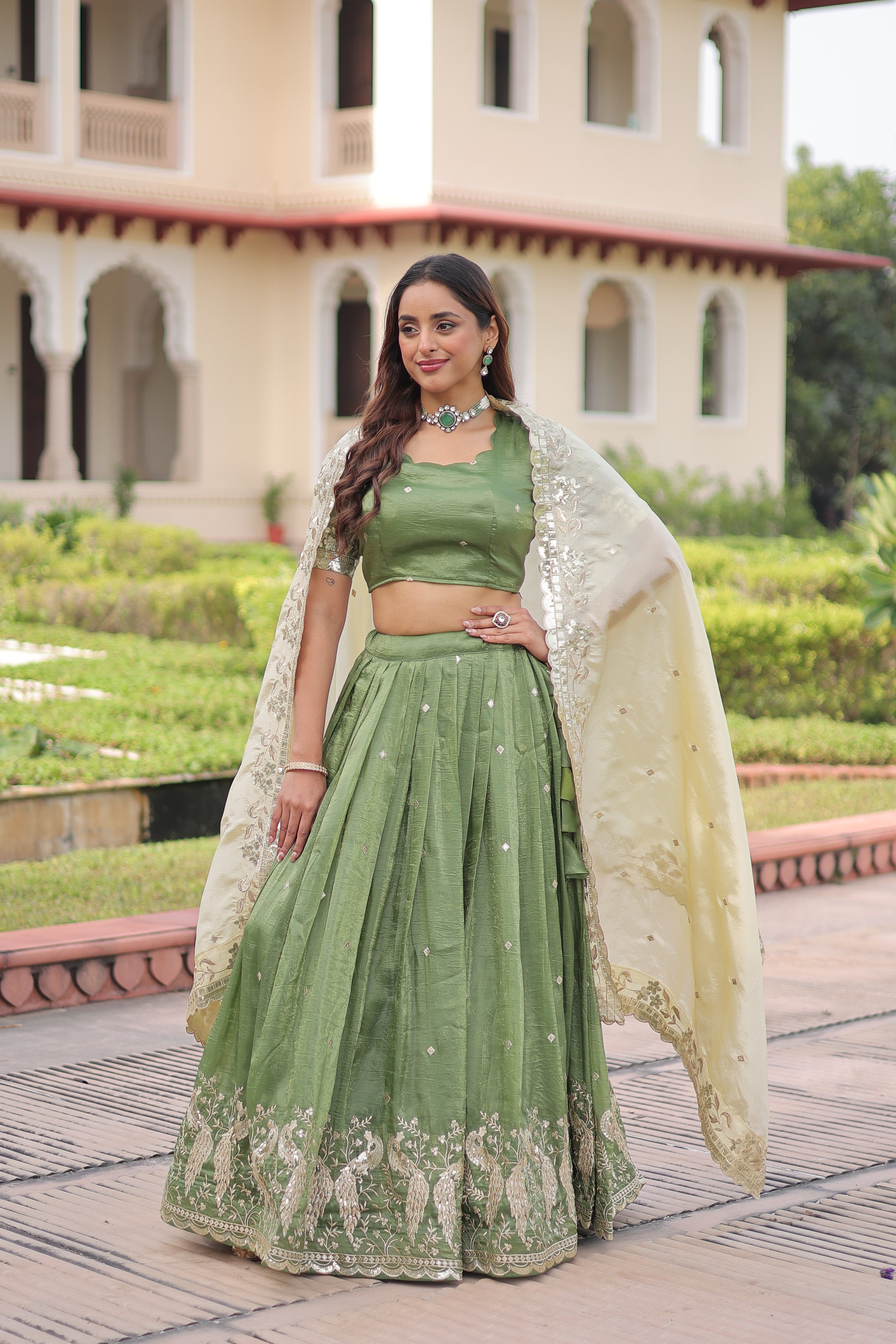 Nirika Green Color Gold Crush Sequins Zari Embroidered Work Lehenga Choli