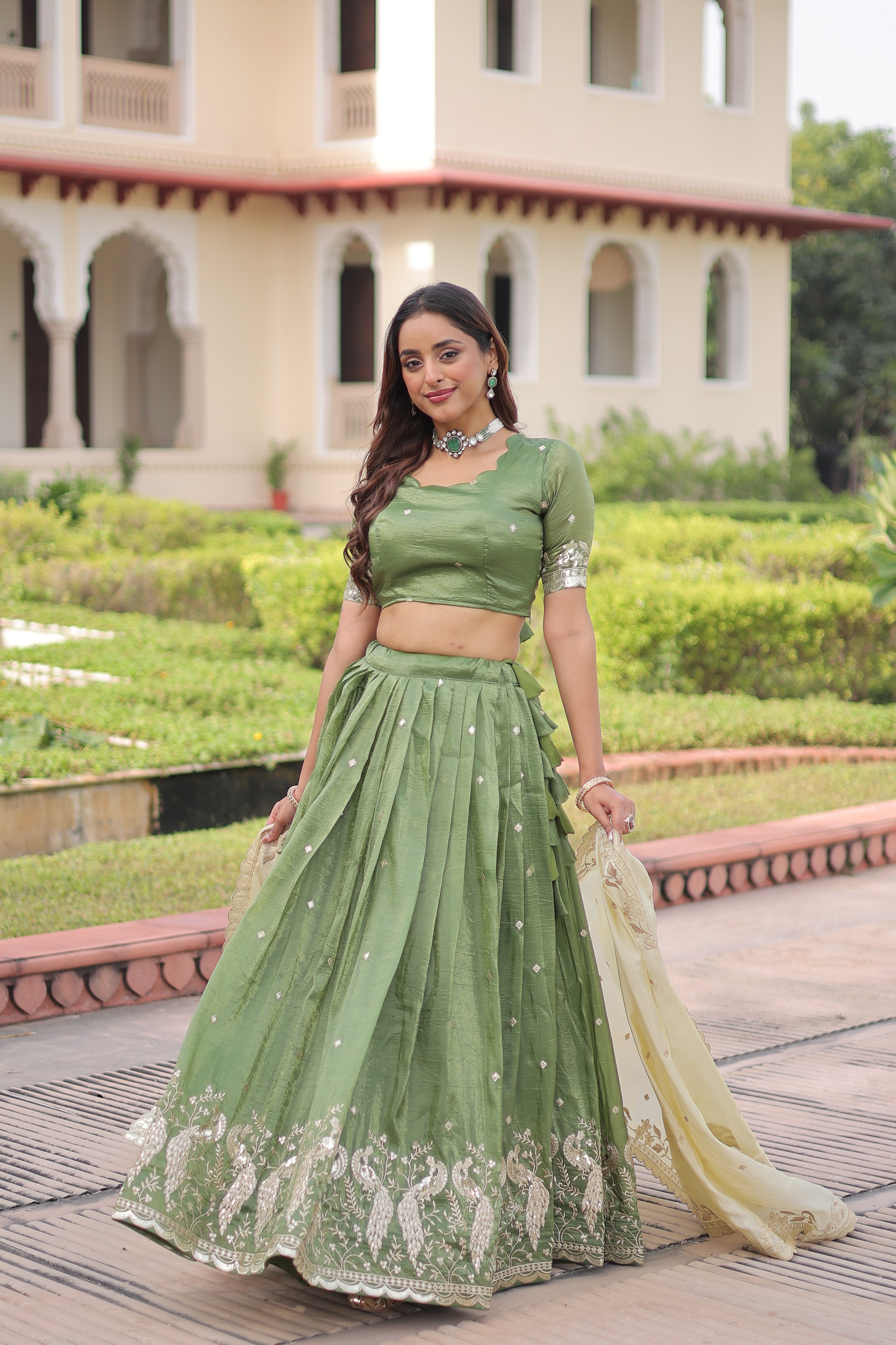Nirika Green Color Gold Crush Sequins Zari Embroidered Work Lehenga Choli