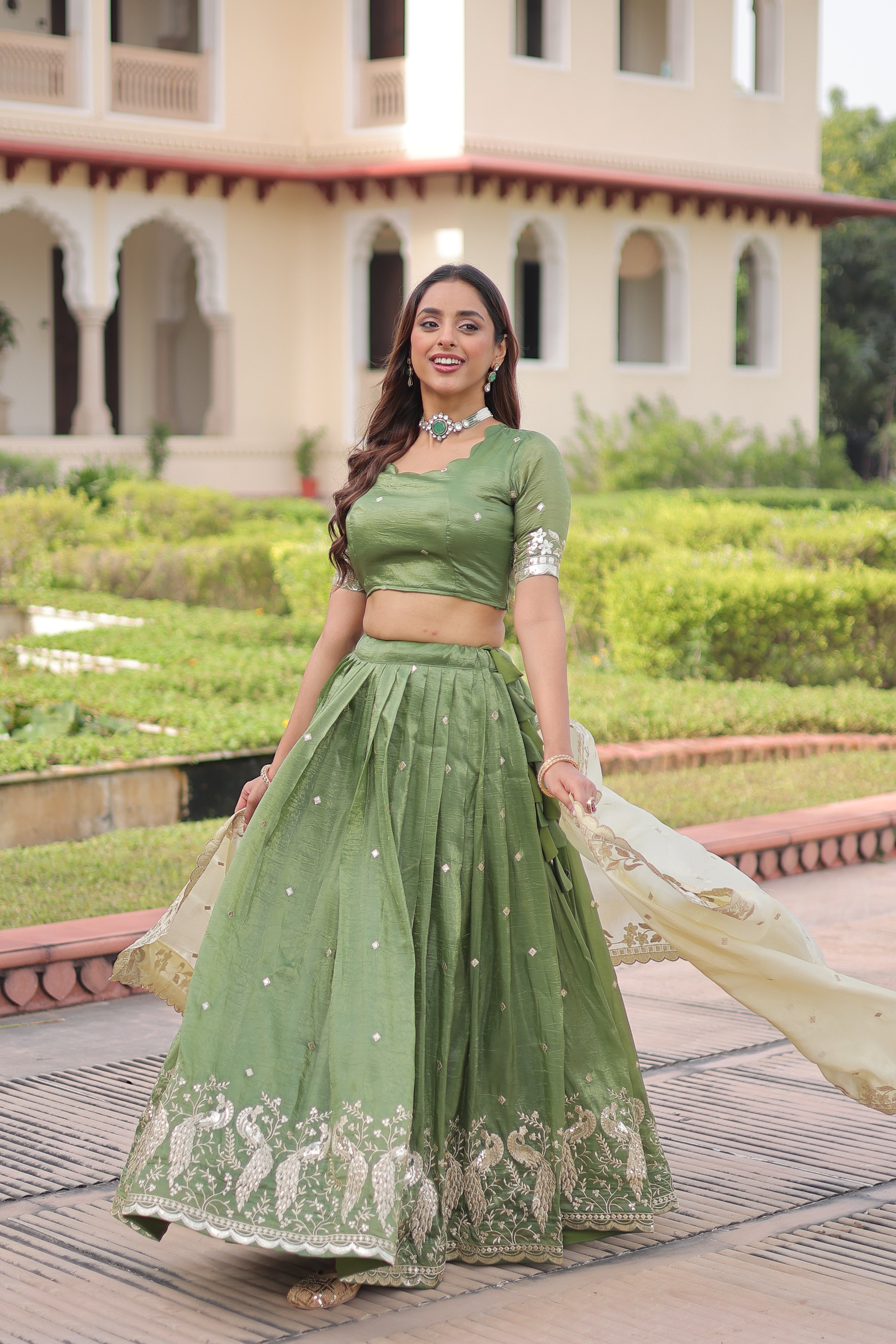Nirika Green Color Gold Crush Sequins Zari Embroidered Work Lehenga Choli