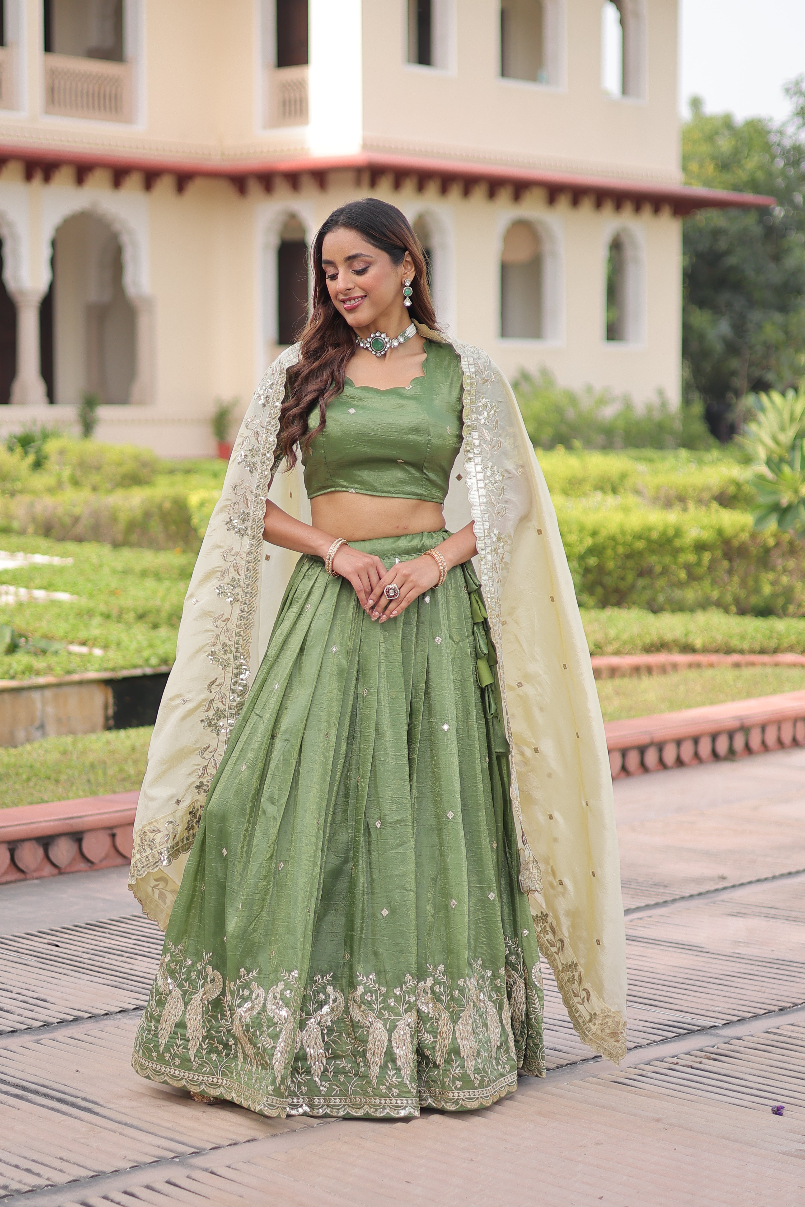 Nirika Green Color Gold Crush Sequins Zari Embroidered Work Lehenga Choli