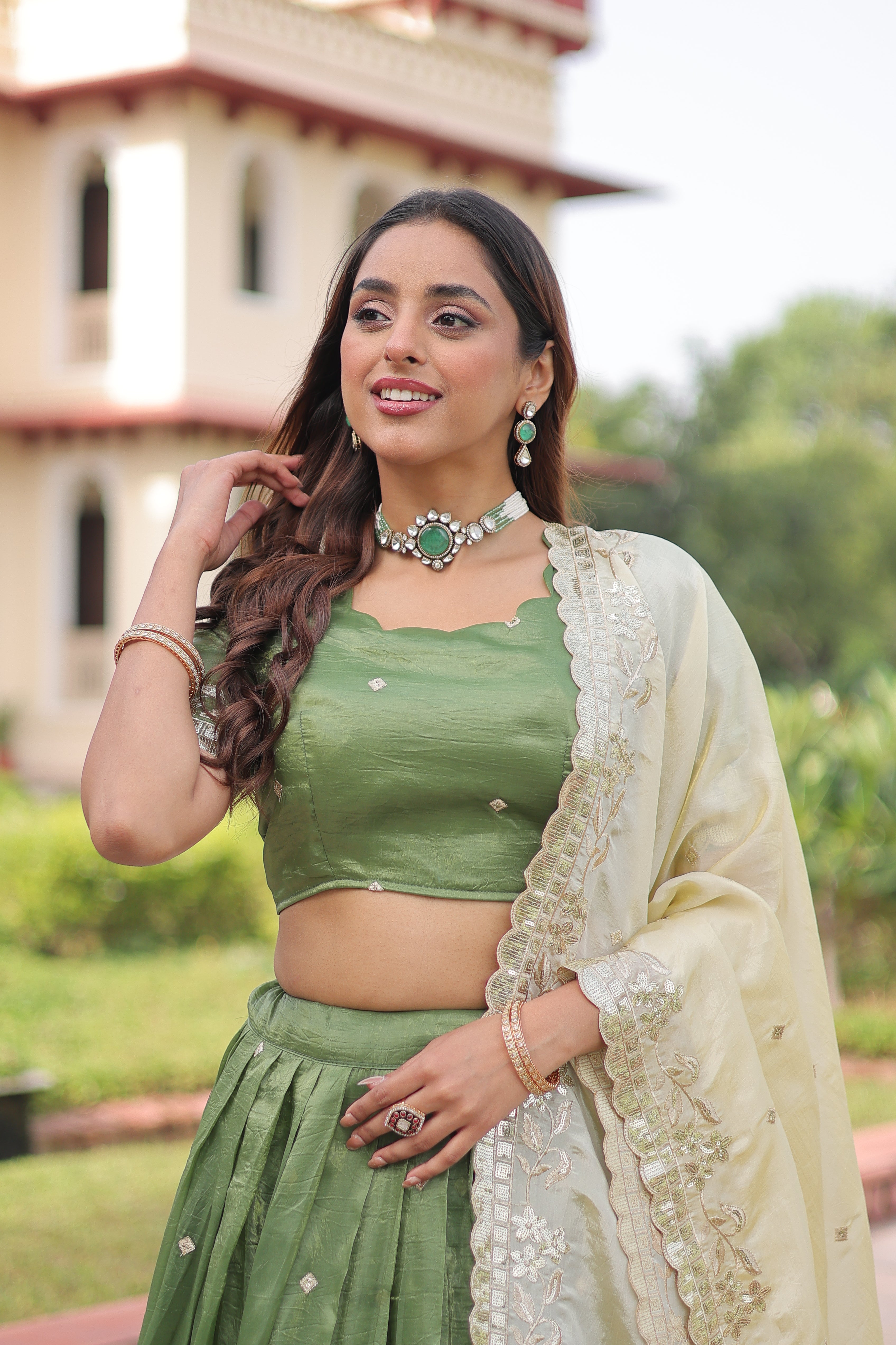 Nirika Green Color Gold Crush Sequins Zari Embroidered Work Lehenga Choli