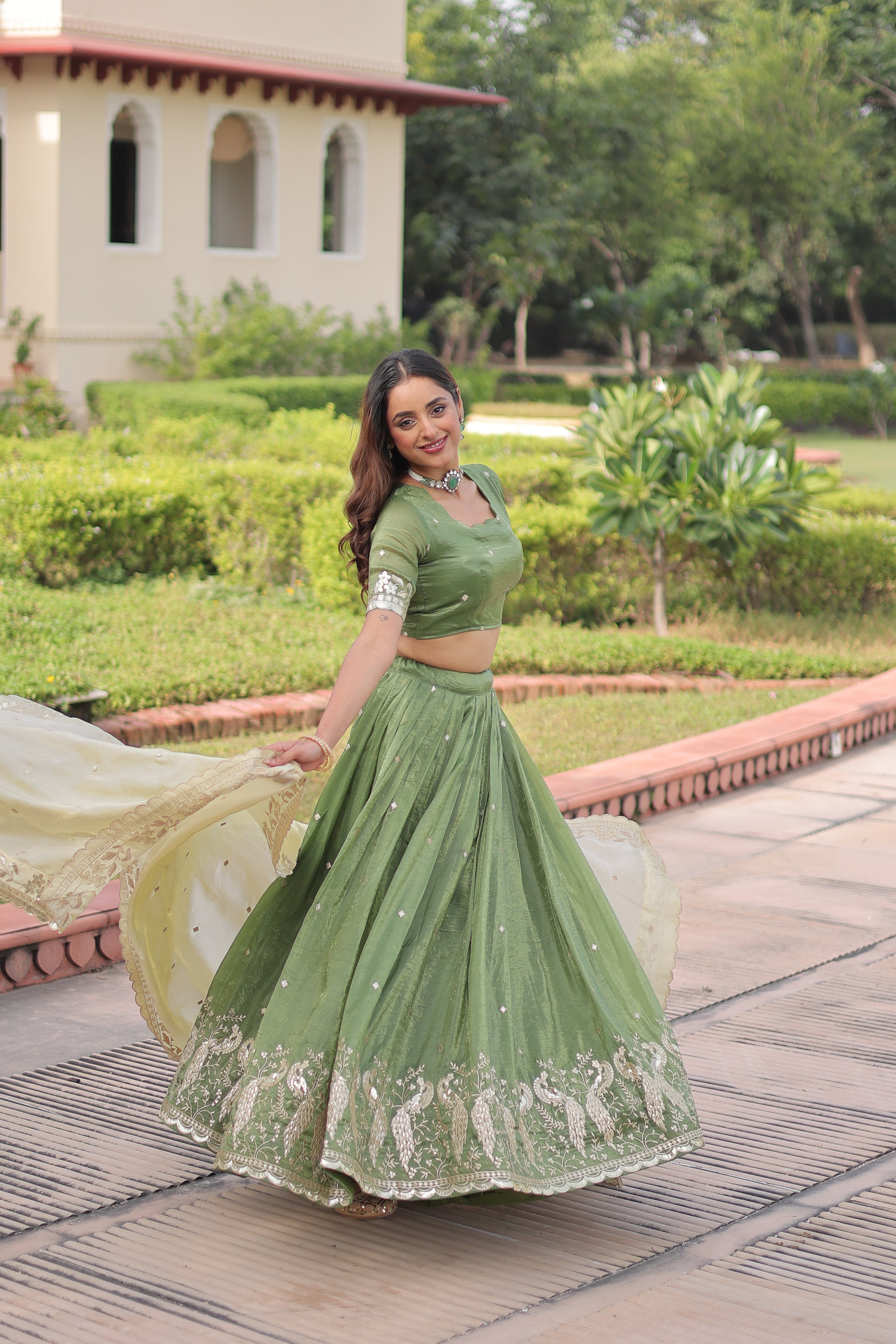 Nirika Green Color Gold Crush Sequins Zari Embroidered Work Lehenga Choli