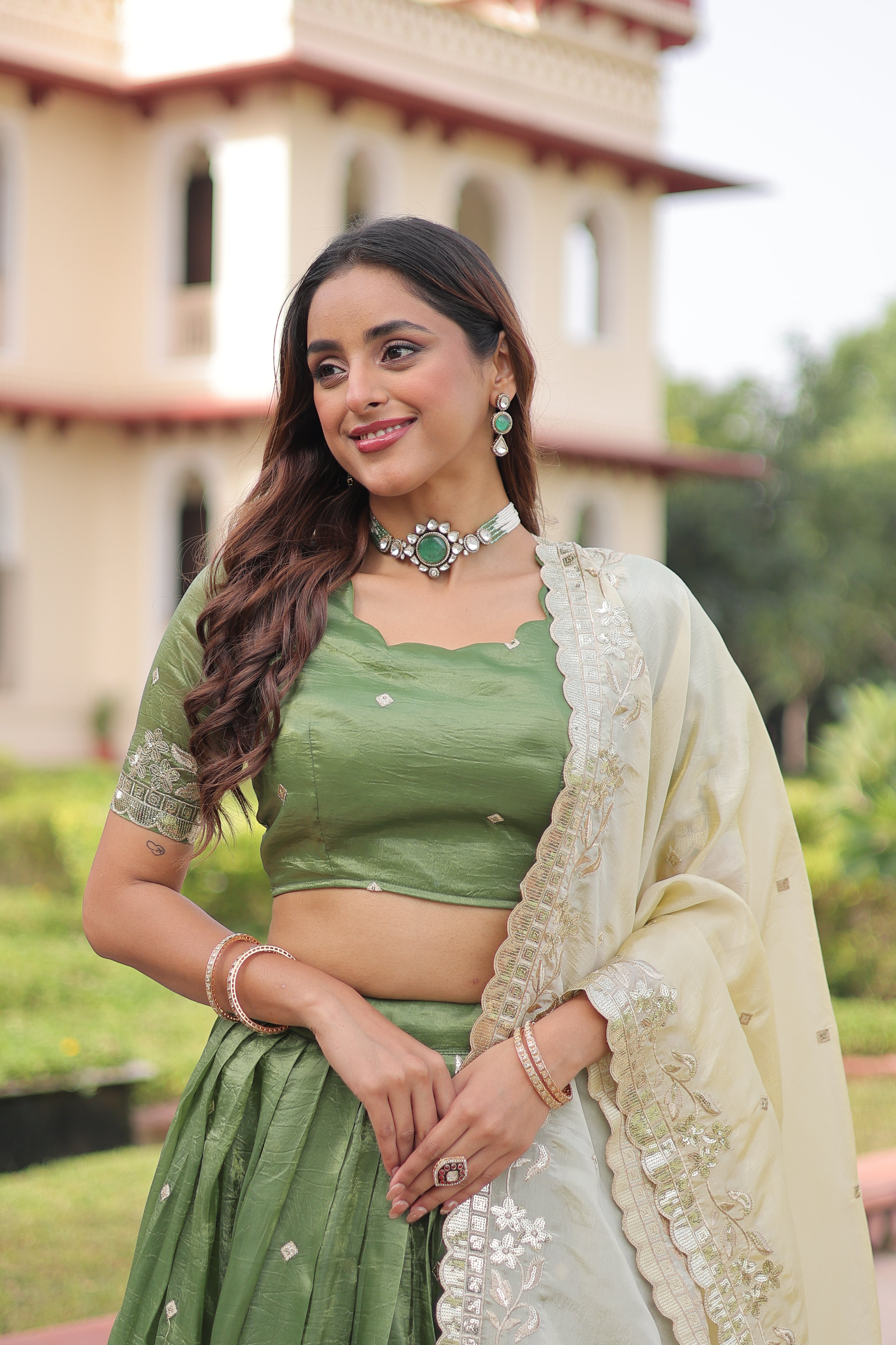 Nirika Green Color Gold Crush Sequins Zari Embroidered Work Lehenga Choli