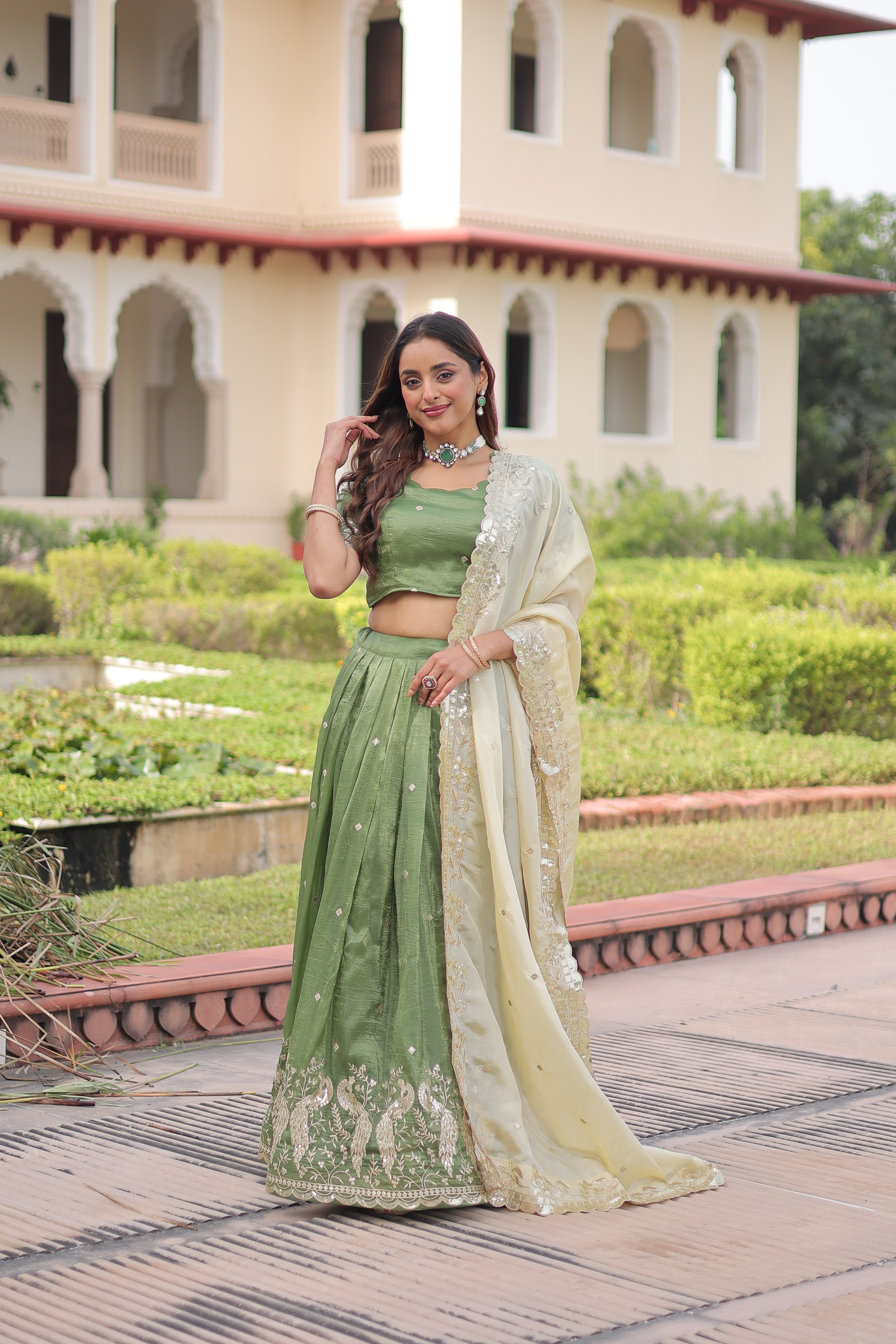 Nirika Green Color Gold Crush Sequins Zari Embroidered Work Lehenga Choli