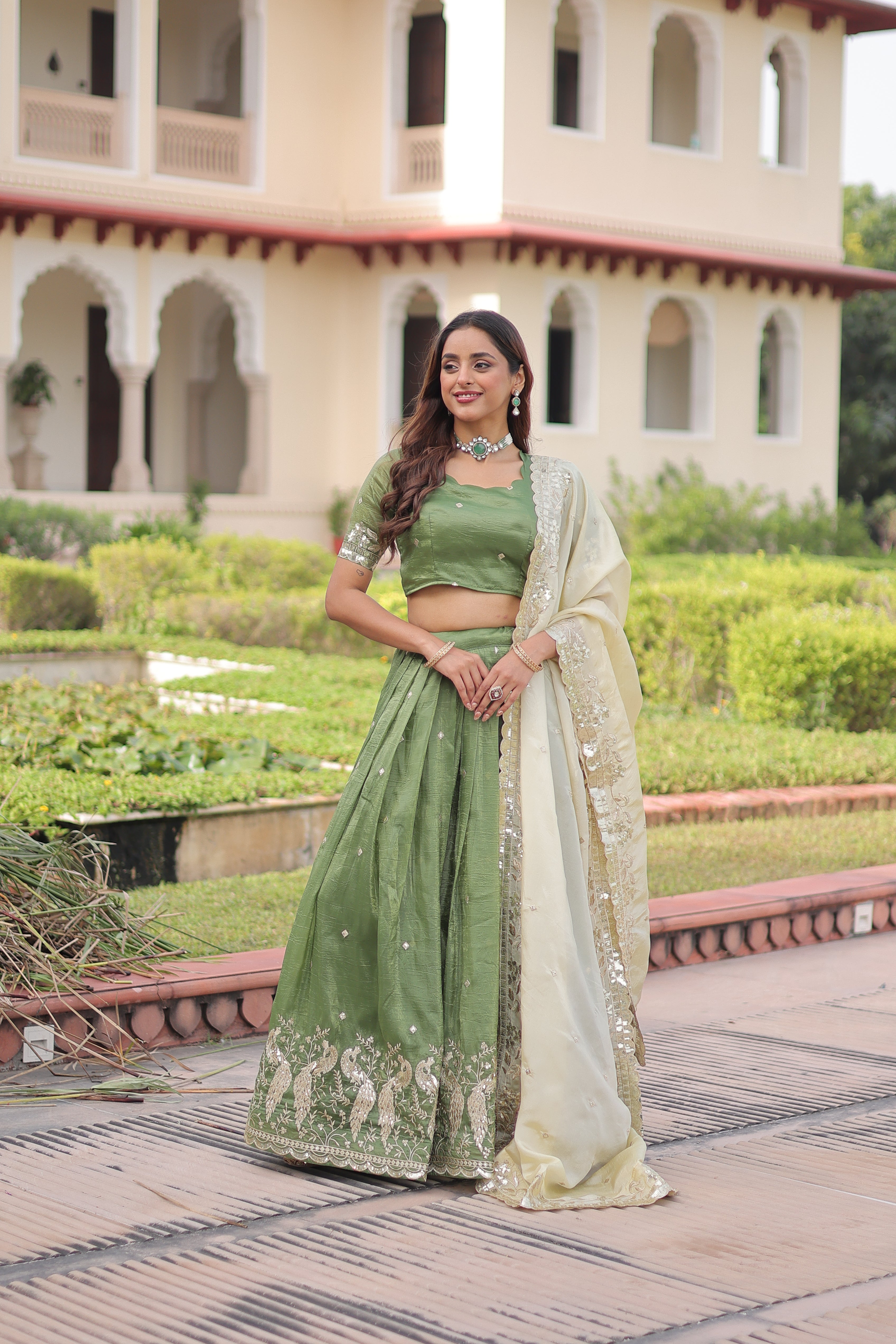 Nirika Green Color Gold Crush Sequins Zari Embroidered Work Lehenga Choli