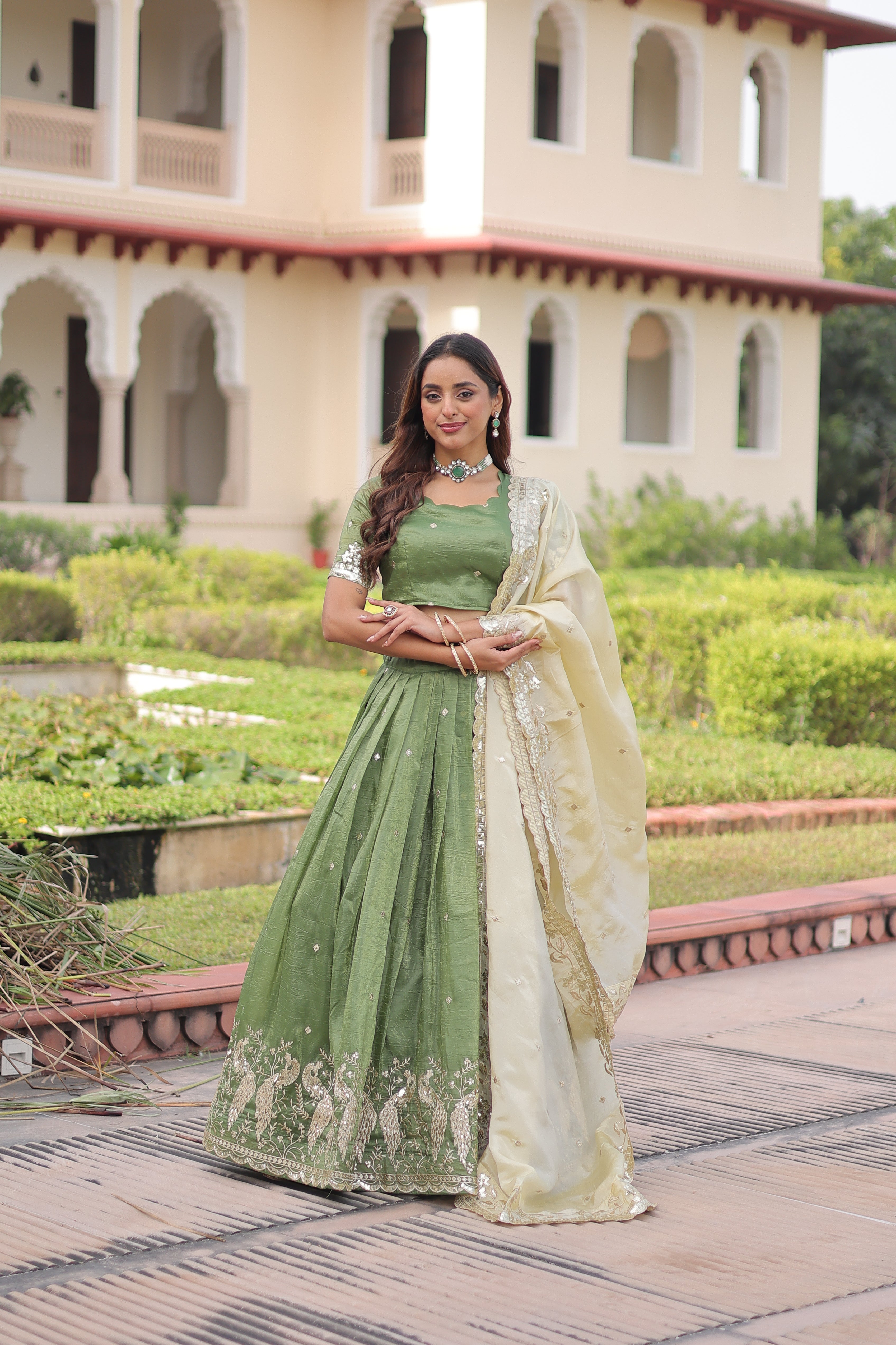 Nirika Green Color Gold Crush Sequins Zari Embroidered Work Lehenga Choli