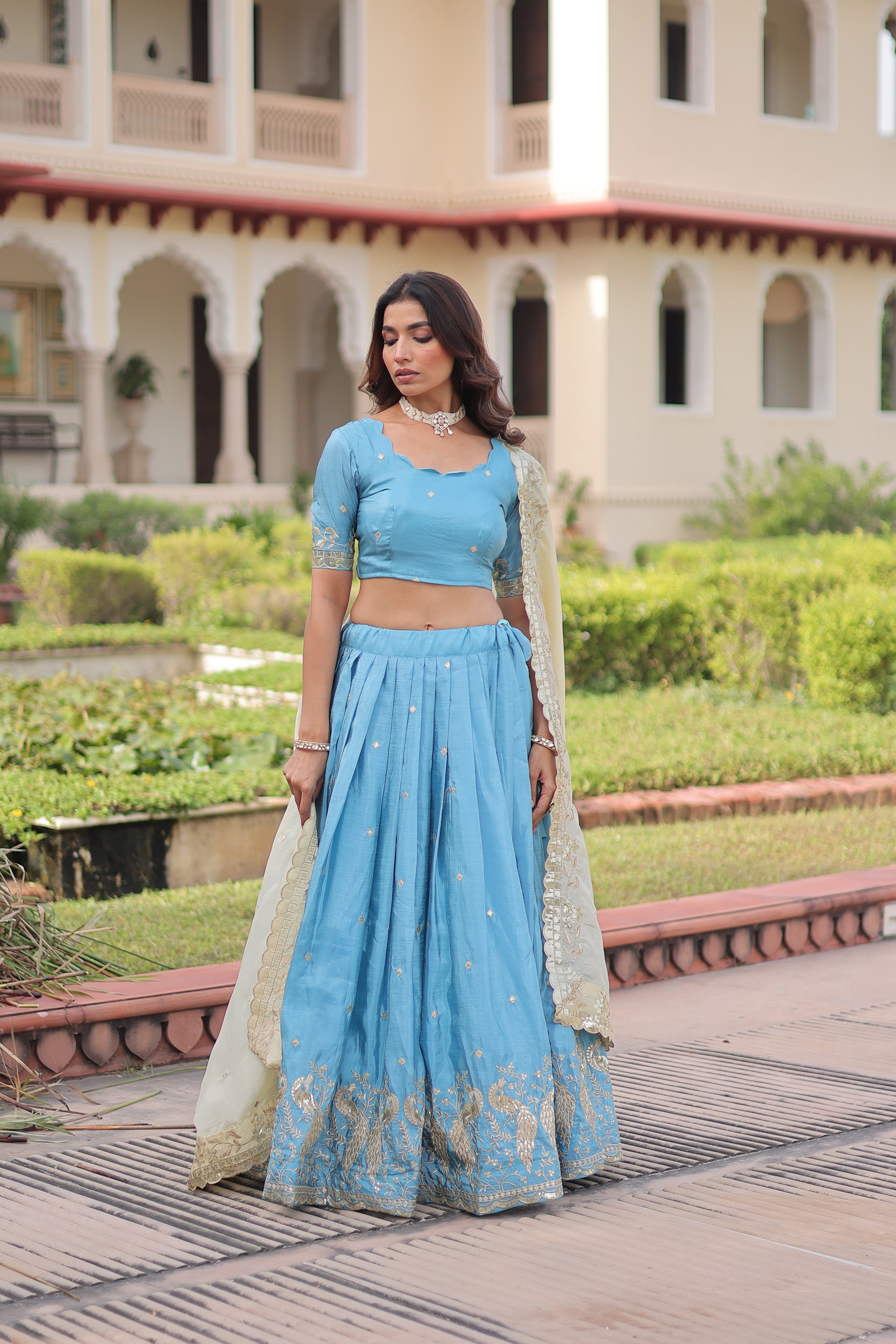 Nirika Sky Blue Color Gold Crush Sequins Zari Embroidered Work Lehenga Choli