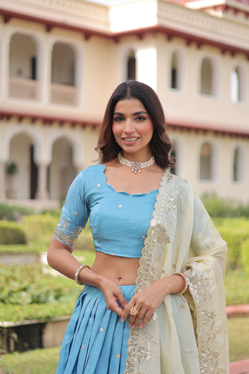 Nirika Sky Blue Color Gold Crush Sequins Zari Embroidered Work Lehenga Choli