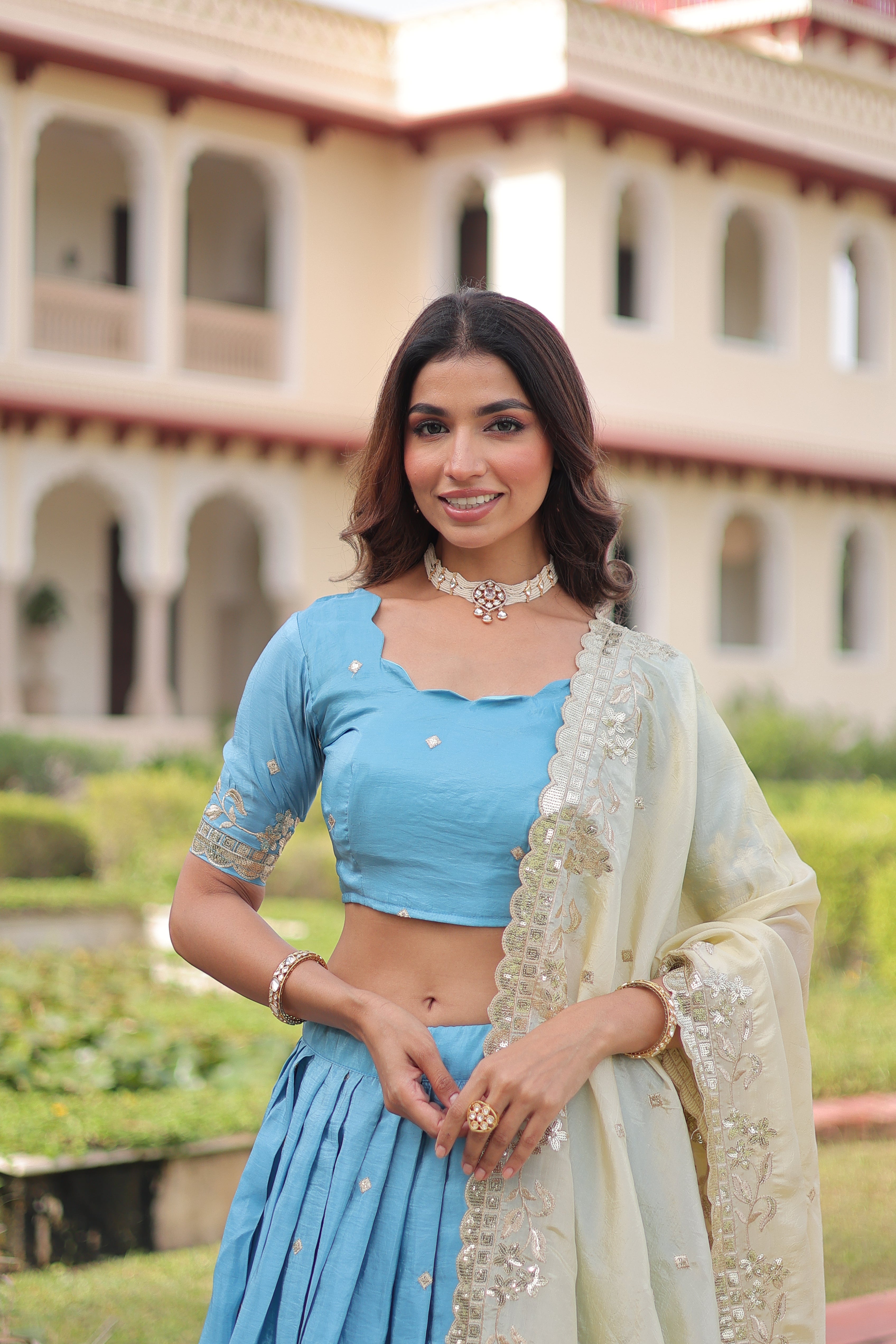 Nirika Sky Blue Color Gold Crush Sequins Zari Embroidered Work Lehenga Choli