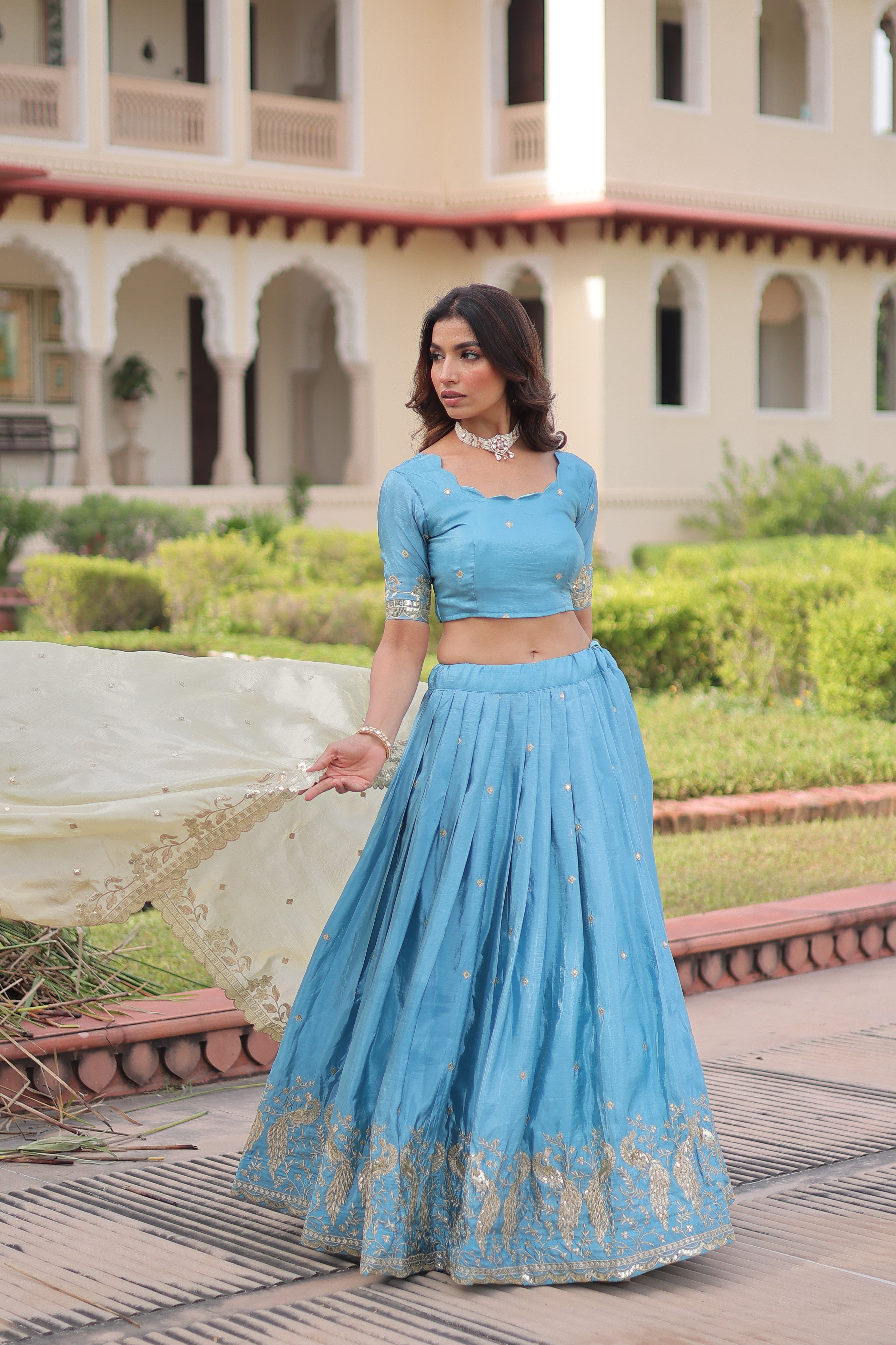 Nirika Sky Blue Color Gold Crush Sequins Zari Embroidered Work Lehenga Choli