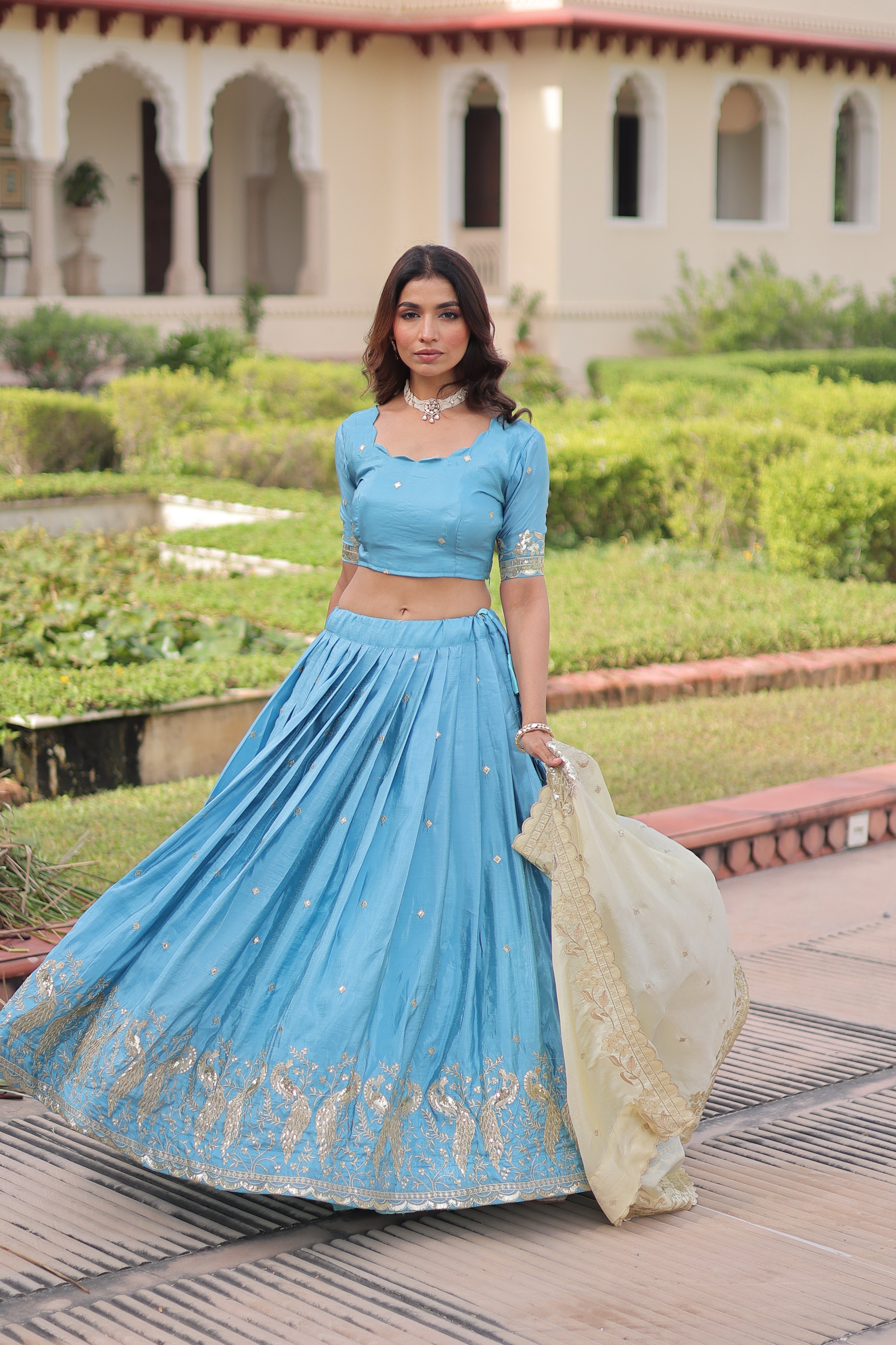 Nirika Sky Blue Color Gold Crush Sequins Zari Embroidered Work Lehenga Choli