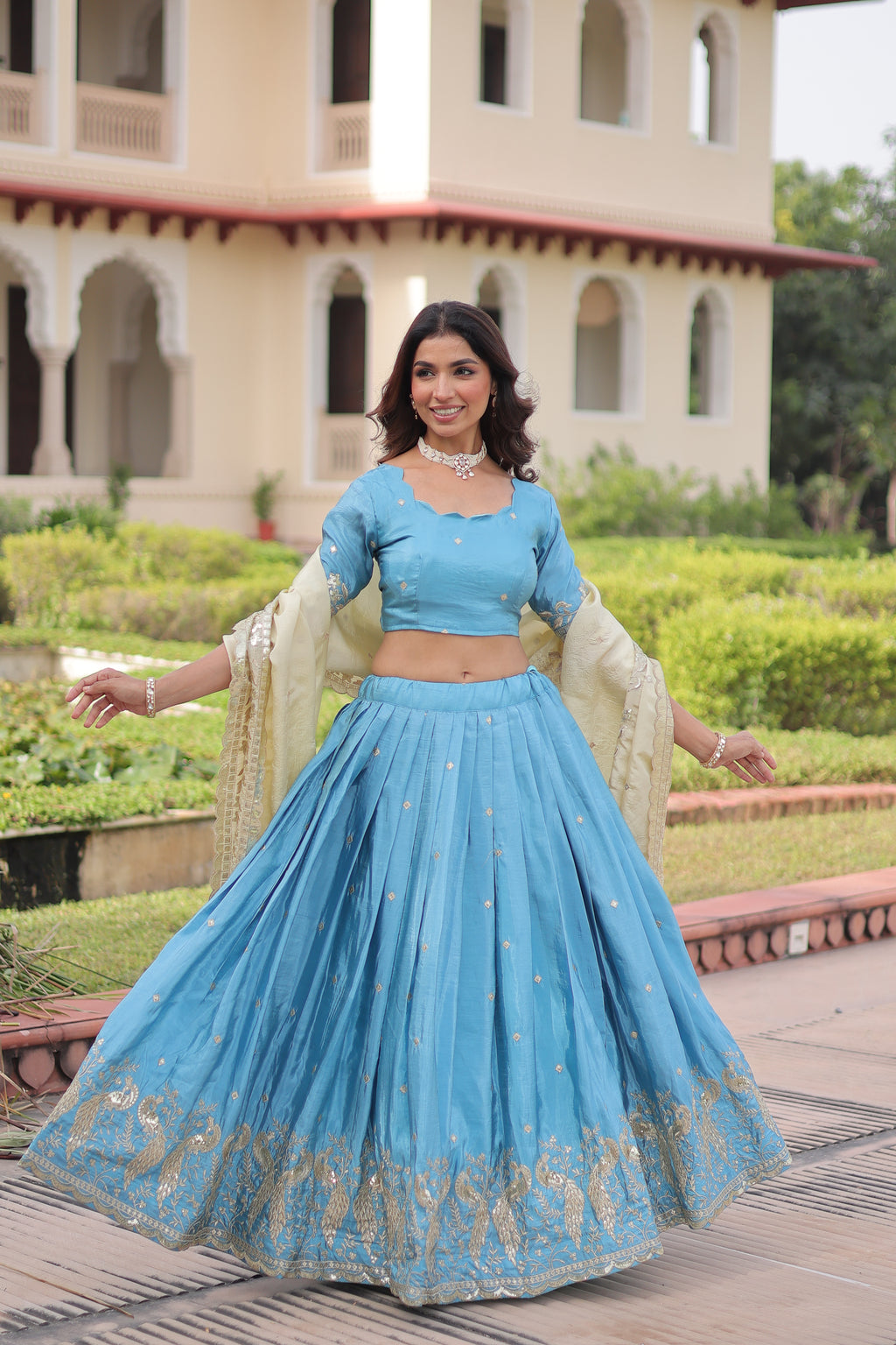 Nirika Sky Blue Color Gold Crush Sequins Zari Embroidered Work Lehenga Choli